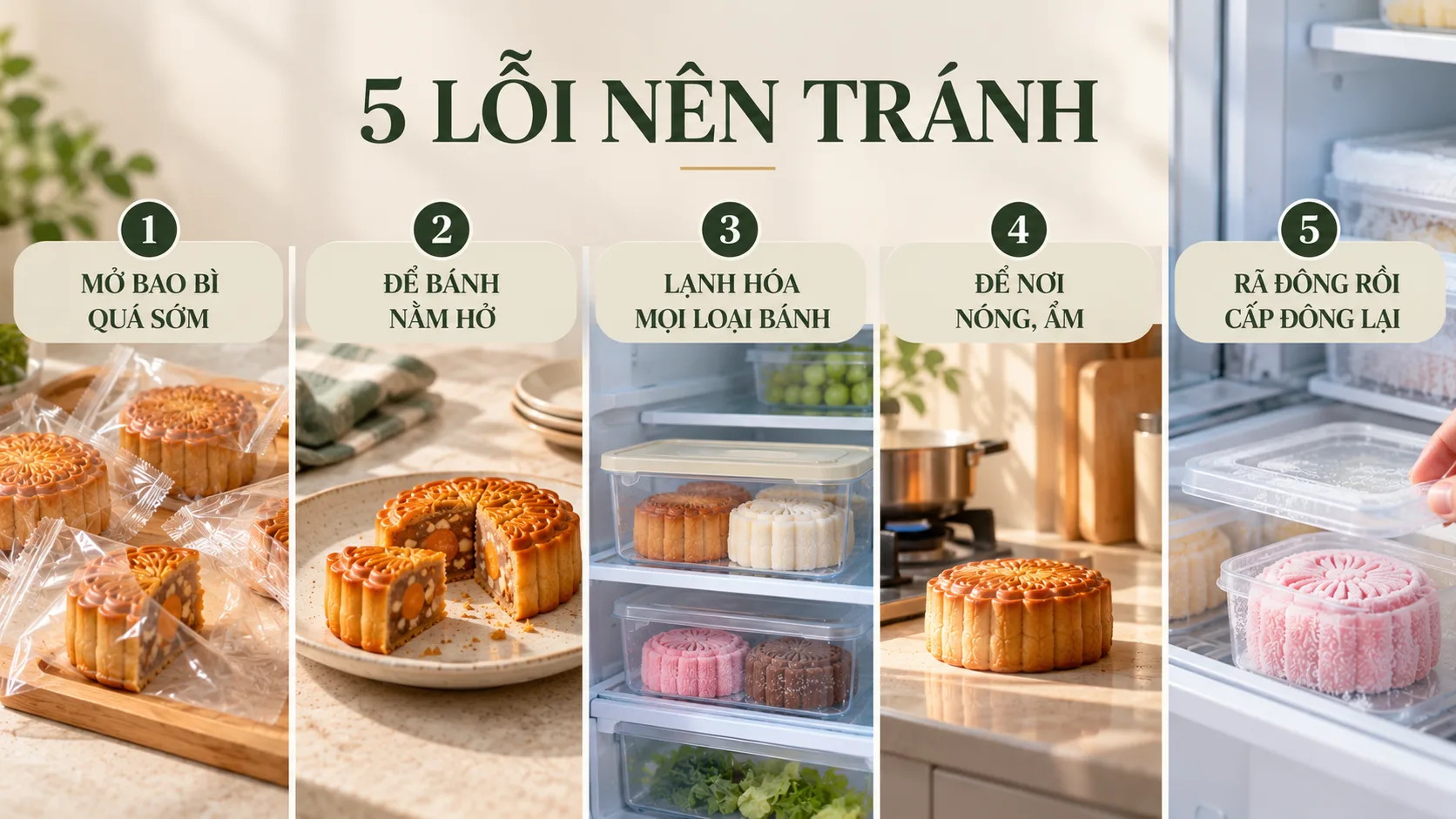 Năm lỗi khi bảo quản b&aacute;nh Trung Thu gồm mở bao b&igrave; sớm, để b&aacute;nh hở, l&agrave;m lạnh sai c&aacute;ch, để nơi n&oacute;ng ẩm v&agrave; cấp đ&ocirc;ng lại