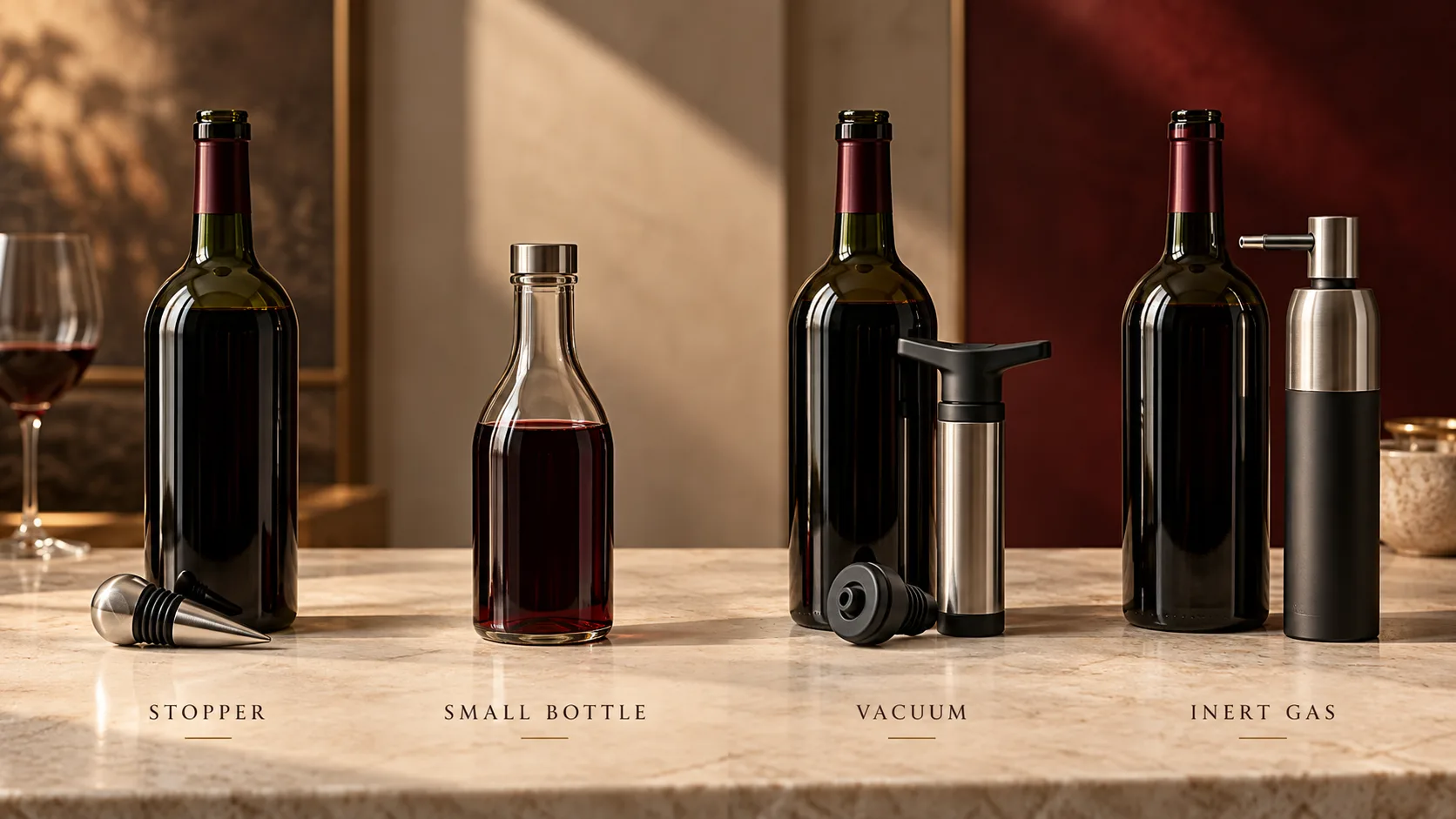 So sánh bốn cách bảo quản vang đã mở gồm wine stopper, chai nhỏ, vacuum pump và hệ thống khí trơ