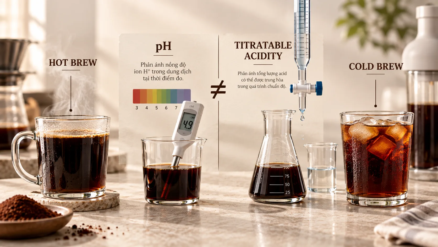 Minh họa sự kh&aacute;c nhau giữa pH v&agrave; titratable acidity khi so s&aacute;nh cold brew với c&agrave; ph&ecirc; pha n&oacute;ng