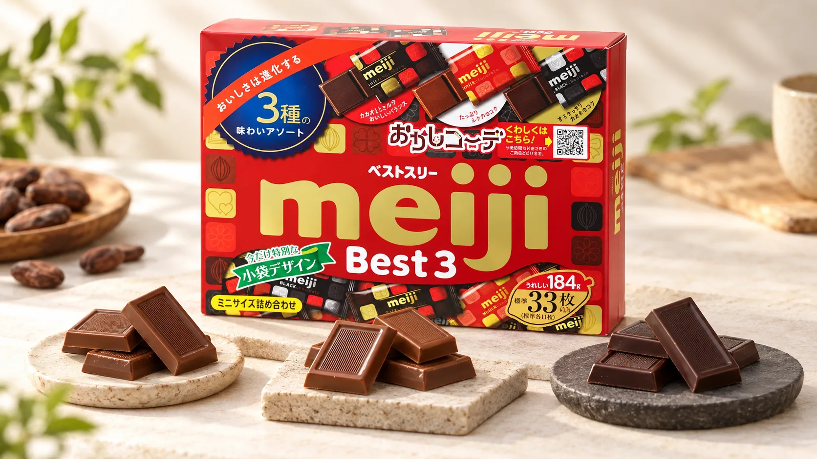 Meiji Best 3 với Milk Chocolate, Hi-Milk và Black Chocolate trong cùng một gói
