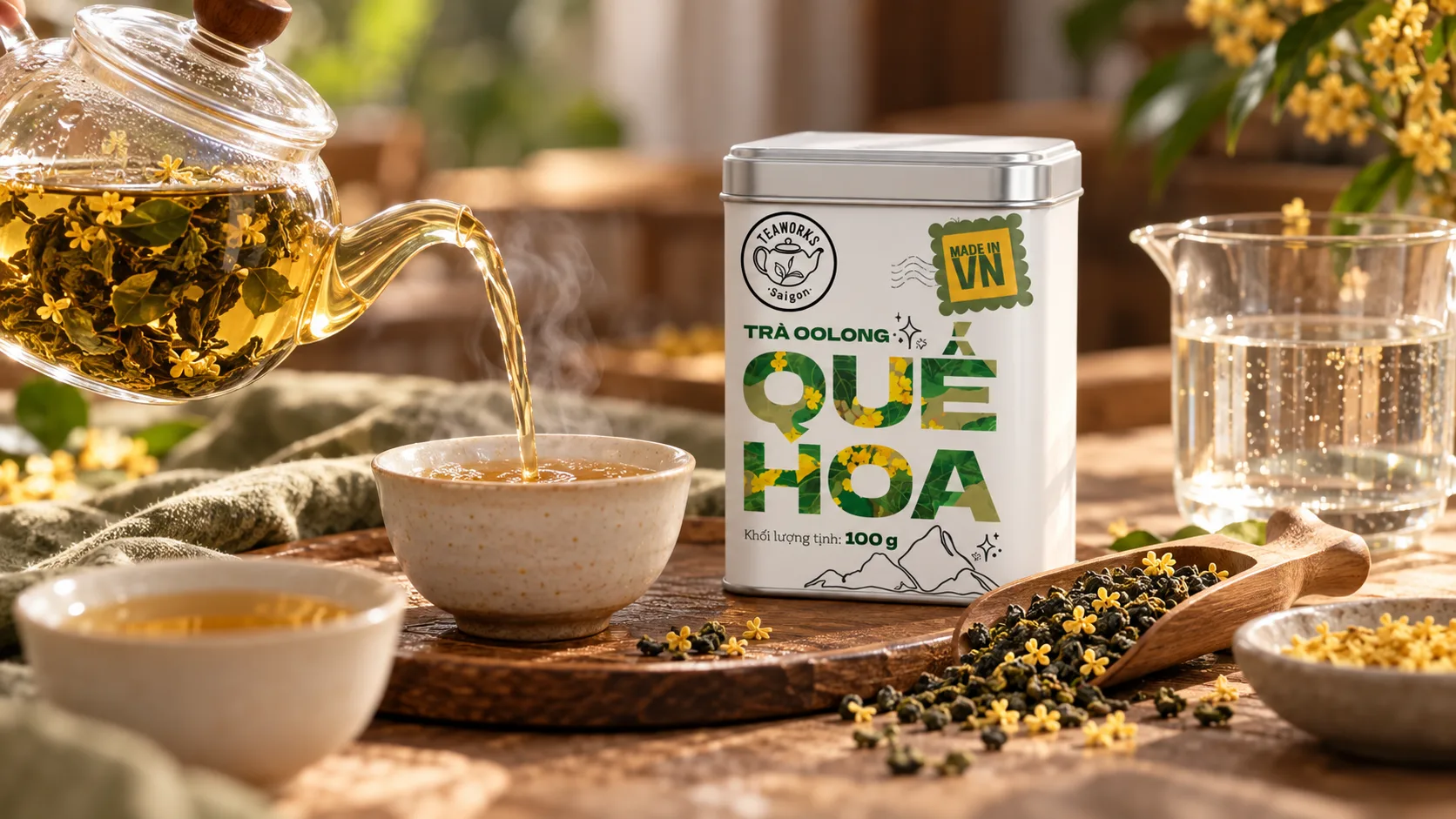Pha trà Oolong Quế Hoa TEAWORKS với 3g trà và 180ml nước nóng