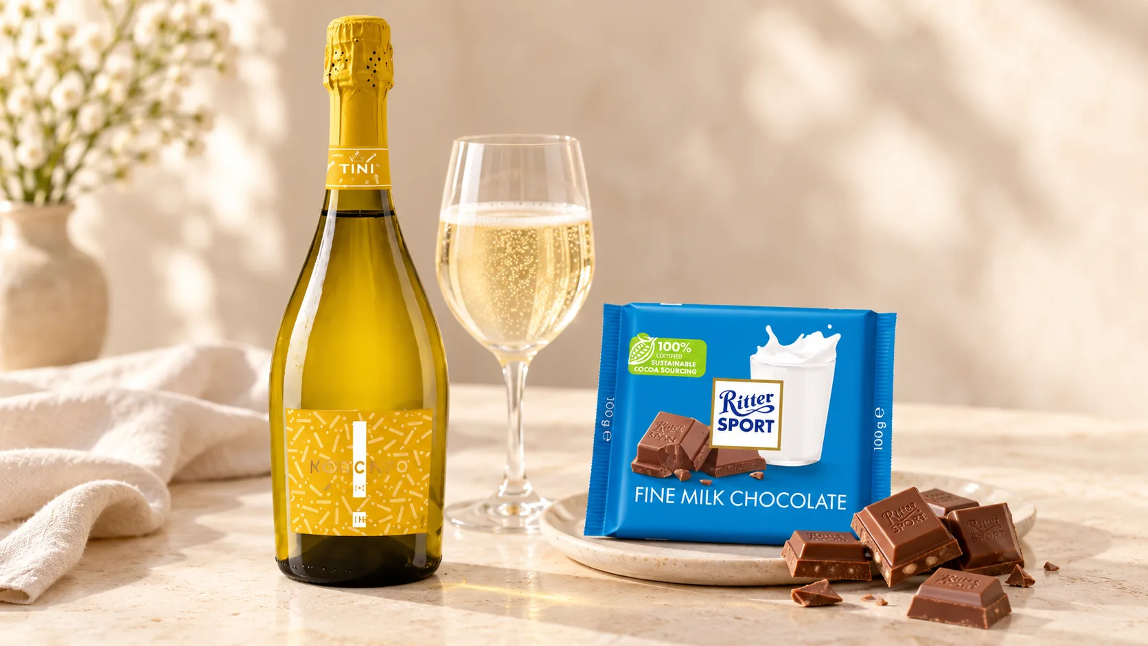 Chocolate sữa Ritter Sport cùng vang Moscato cho phần tráng miệng của mâm tiệc