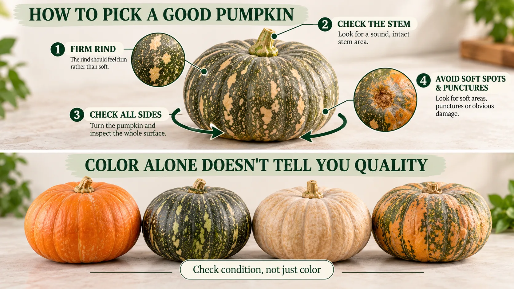 Pumpkins with orange, green, pale and mottled rinds showing why color alone is not a quality test