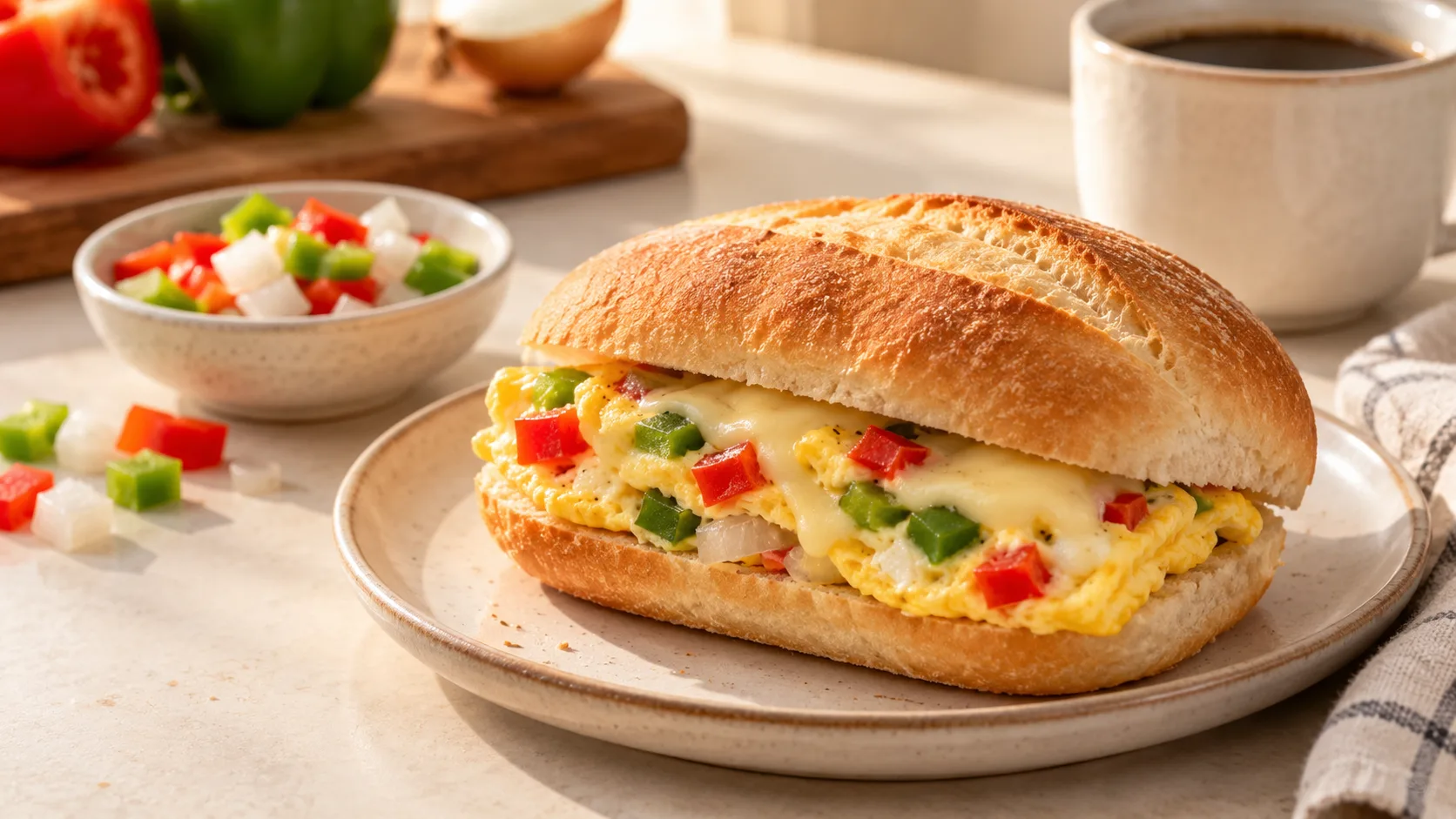 Bánh mì kẹp trứng tráng rau củ và phô mai làm trong khoảng 10 phút