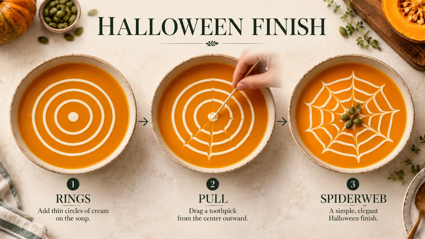 Cách tạo hình mạng nhện bằng kem trên mặt súp bí đỏ Halloween
