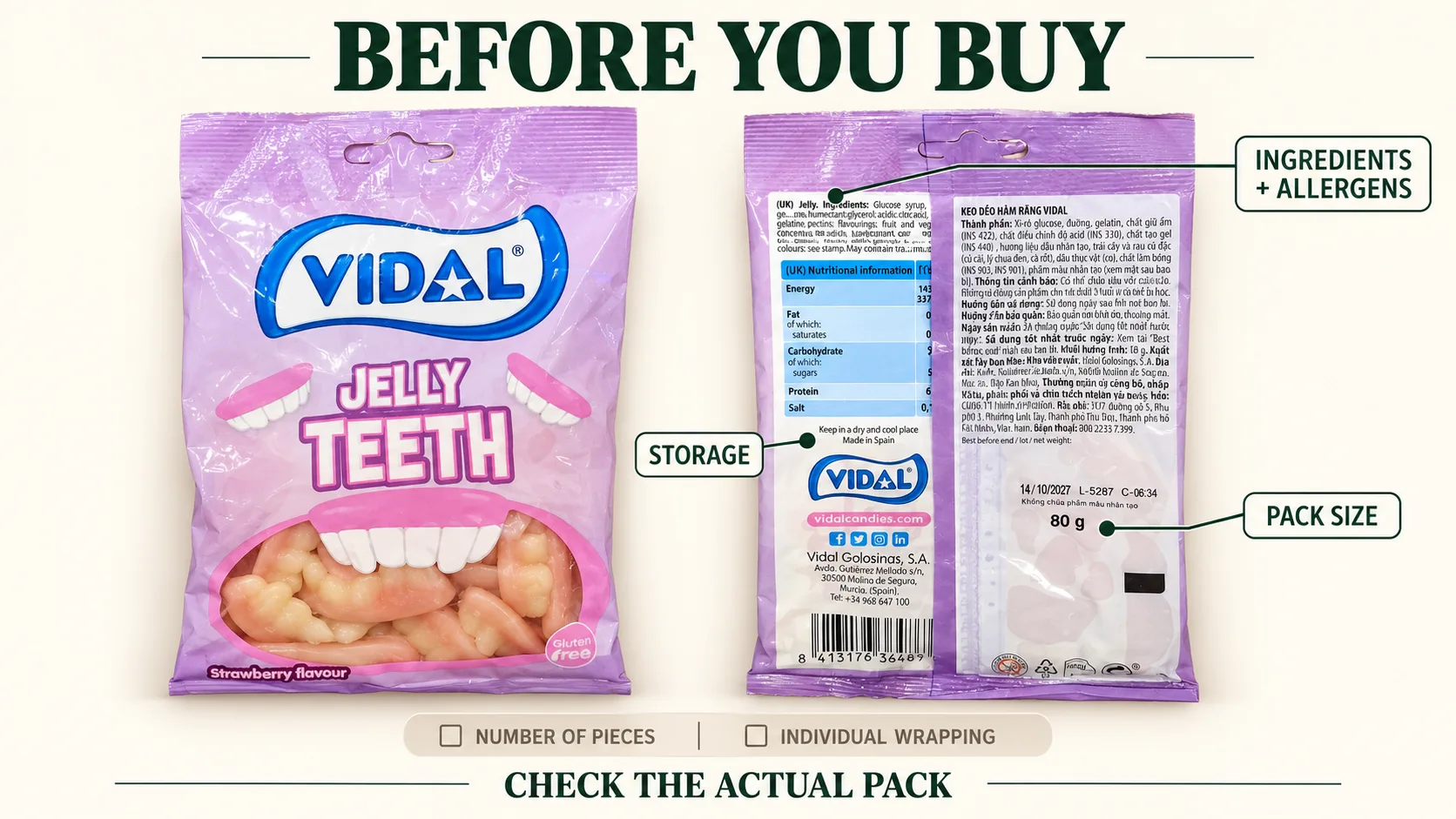 Candy package showing where to check pack size number of pieces individual wrapping ingredients allergens and storage information