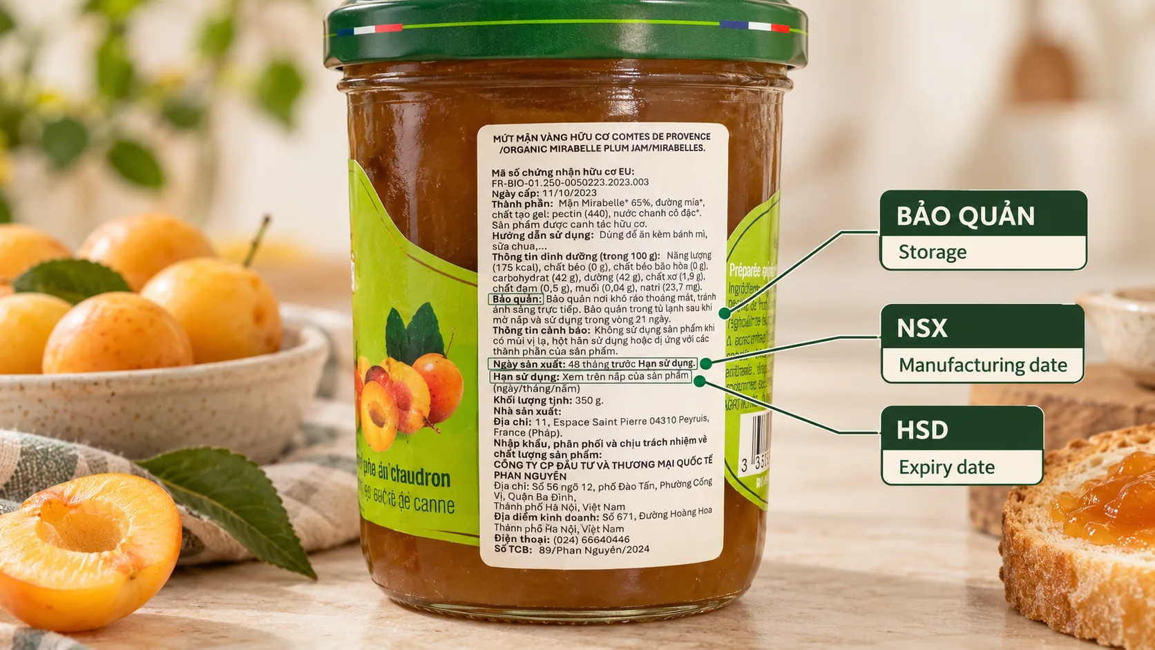 Vietnamese supplementary food label showing NSX manufacturing date HSD expiry date and storage information