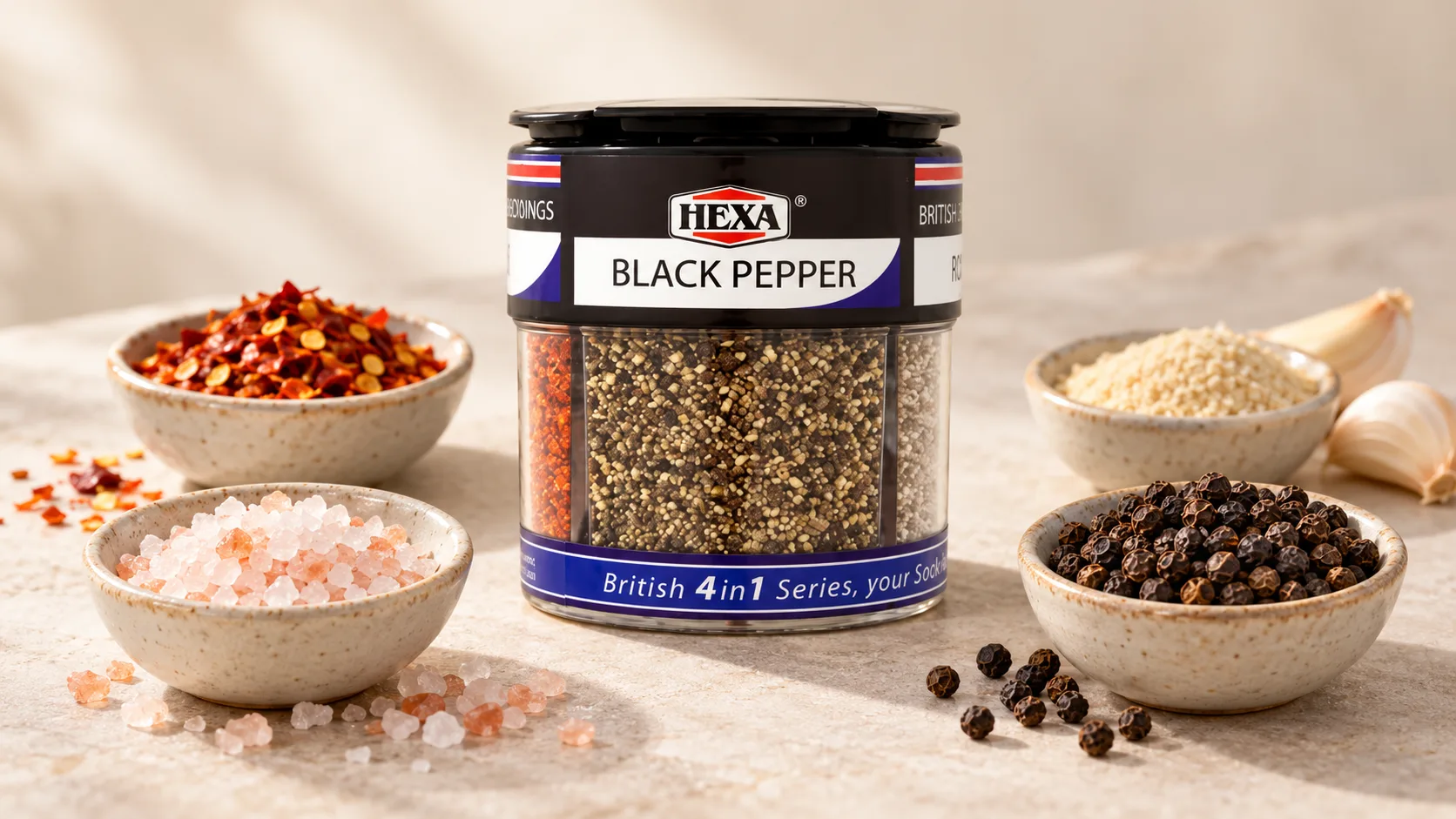 HEXA British Table Seasoning 4 trong 1 cùng muối đá tiêu đen ớt và tỏi