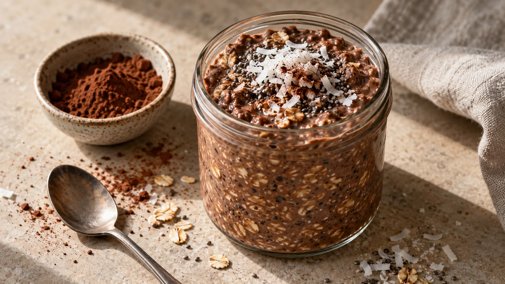 Hũ overnight oats cacao màu nâu chocolate kết hợp hạt chia và dừa nạo, có kết cấu sánh mịn
