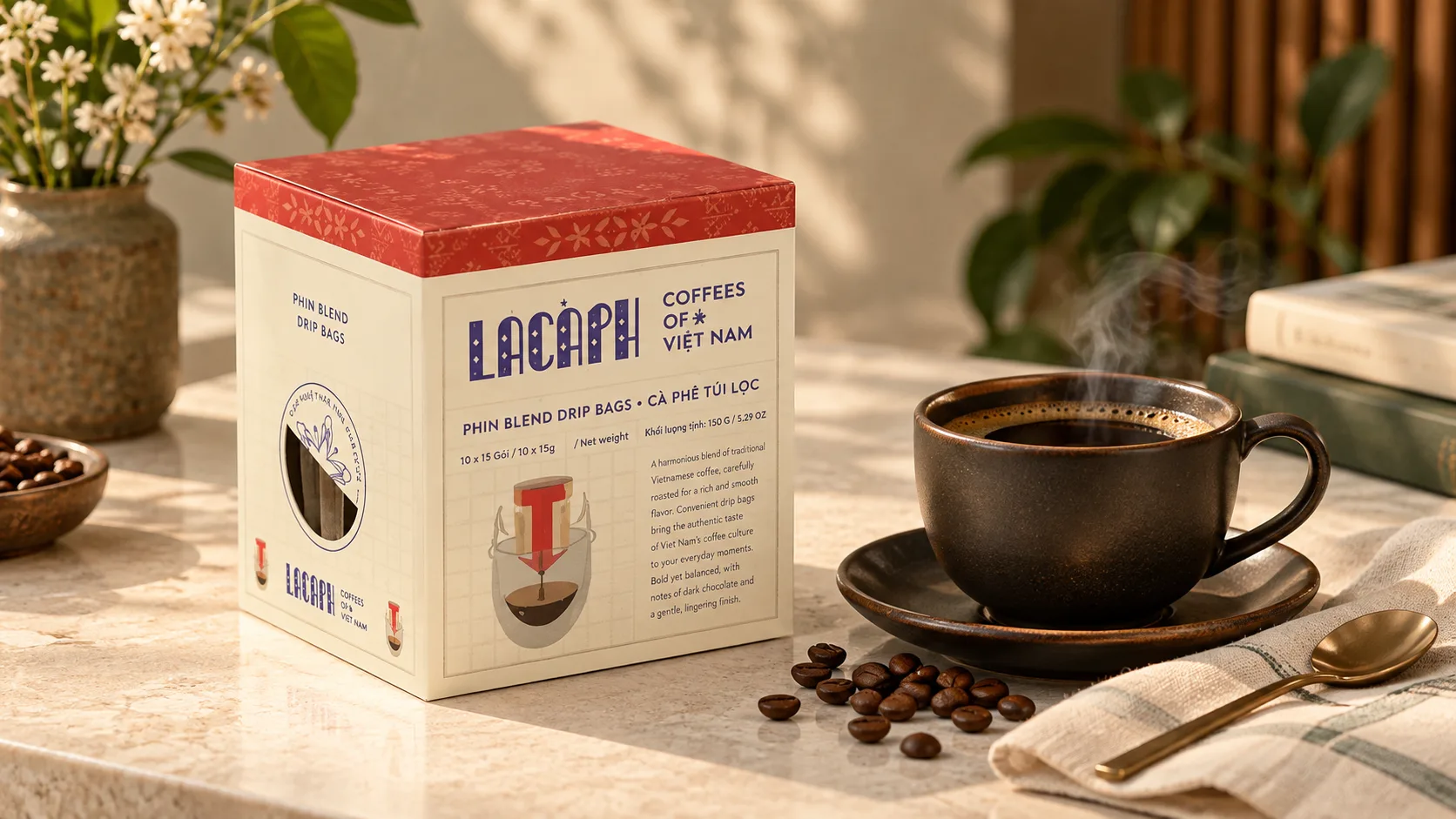 Hộp cà phê túi lọc Lacaph Phin Blend 150g đặt cạnh tách cà phê đen và những hạt cà phê rang