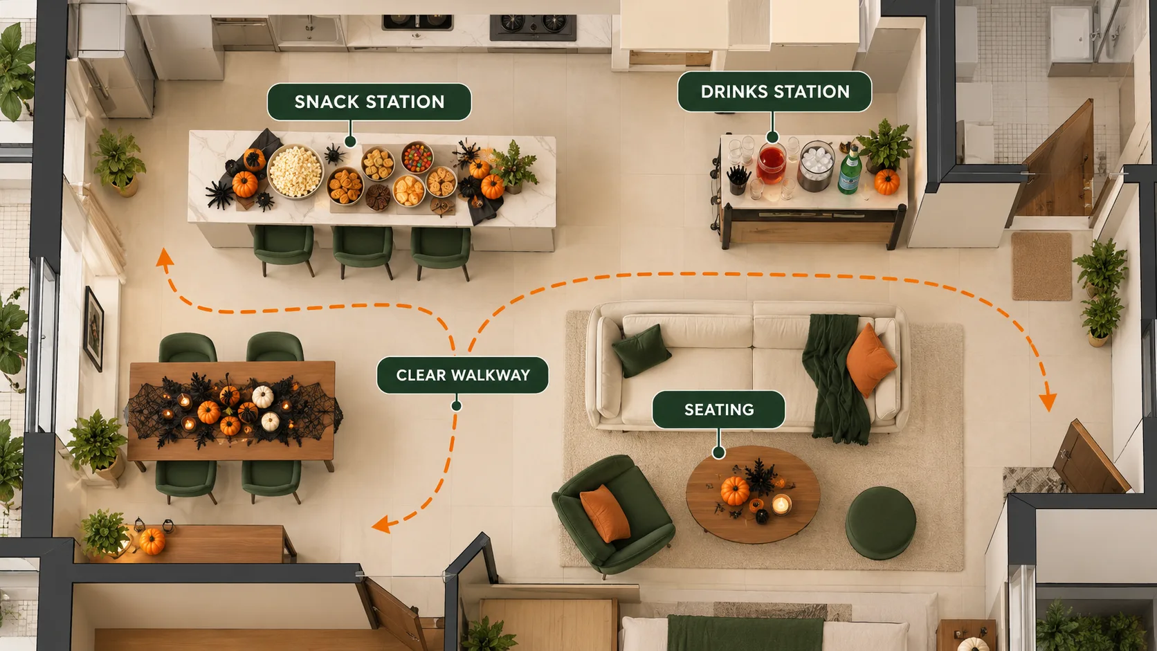 Top-down apartment layout showing separate snack and drink stations, guest seating and a clear walkway