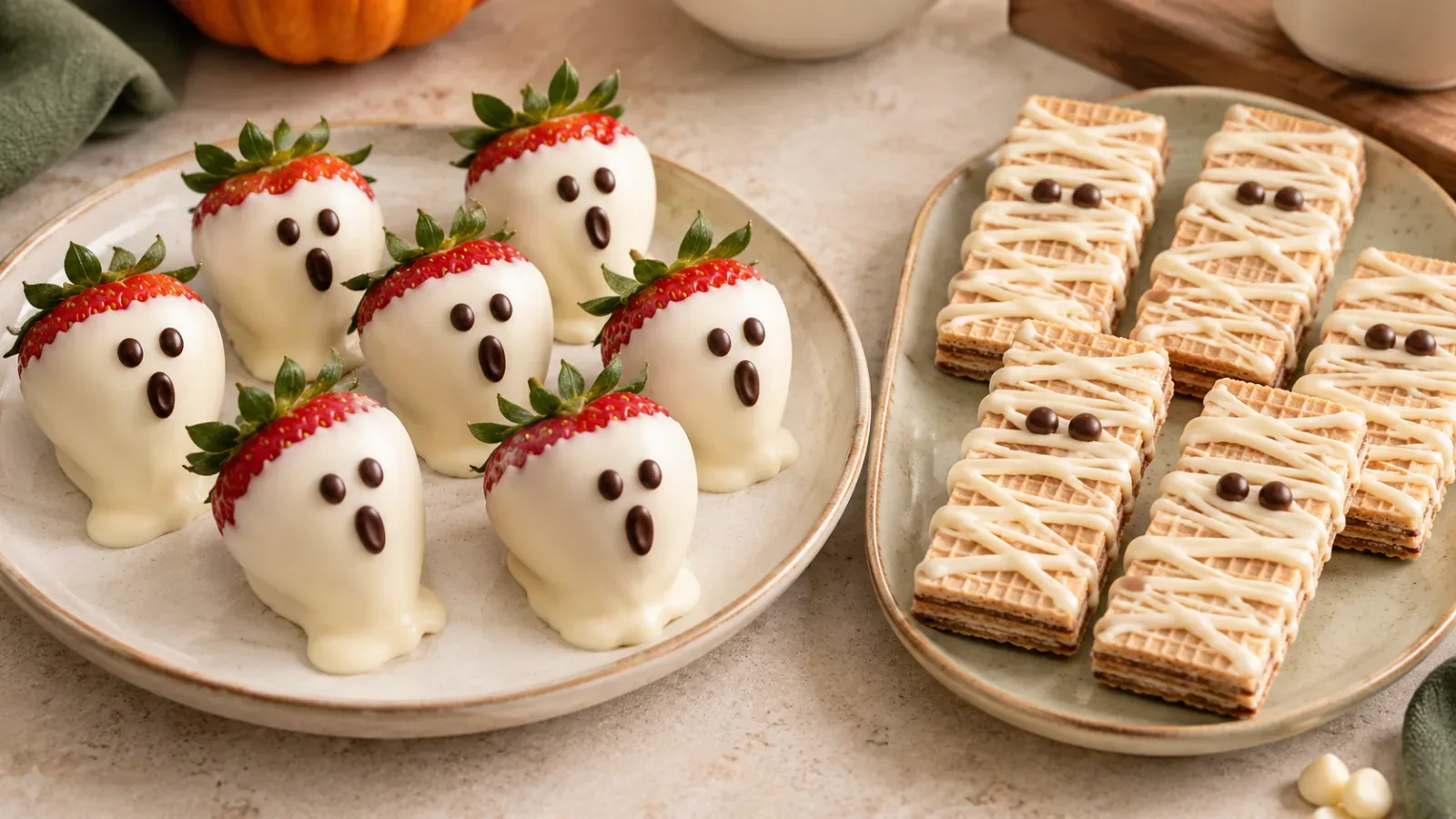 White chocolate dipped strawberry ghosts with dark chocolate faces beside wafer biscuits decorated with mummy-style chocolate stripes