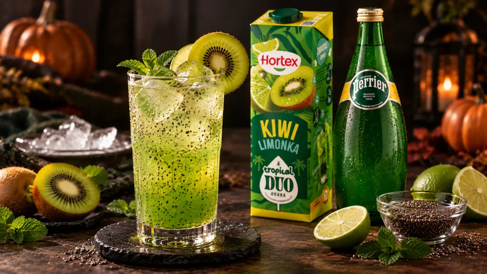 Mocktail Độc Dược Y&ecirc;u Tinh m&agrave;u xanh kiwi chanh với hạt chia ngậm nước lơ lửng v&agrave; bọt kho&aacute;ng tự nhi&ecirc;n