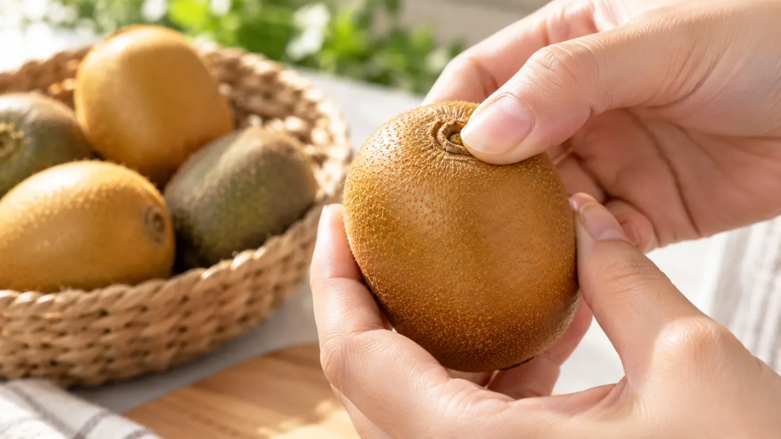 Cách kiểm tra độ chín của quả kiwi bằng thao tác ấn nhẹ ở phần đầu gần cuống