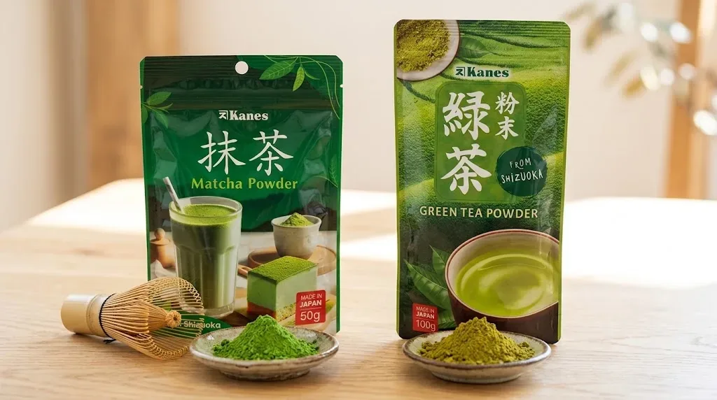 Đặt cạnh nhau gói Bột Trà Xanh Matcha Shizuoka KANES 50g (Matcha Powder màu xanh ngọc tươi) và gói Bột Trà Xanh Shizuoka KANES 100g (Green Tea Powder màu xanh ngả vàng rêu) để tránh mua nhầm