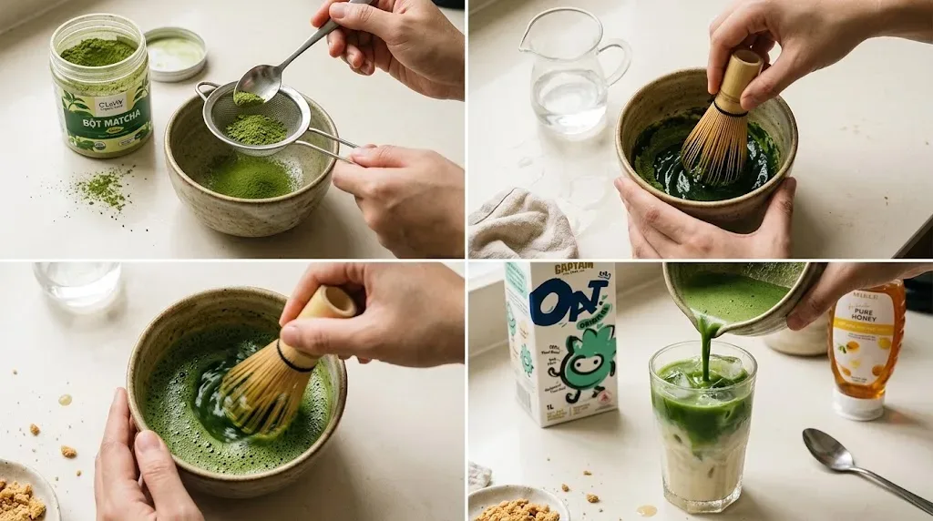 Quy trình 4 bước pha matcha latte tại nhà: rây bột matcha hữu cơ C'LaVie, miết sệt với 10ml nước ấm, đánh bông chữ W và rót phân tầng lên sữa yến mạch Captain Oats