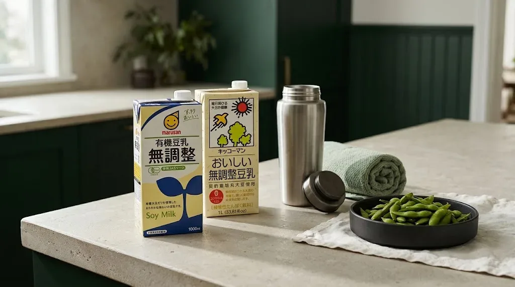 Bộ đôi Sữa Đậu Nành Không Đường Marusan và Kikkoman đặt cạnh bình lắc thể thao và đậu nành edamame bổ sung đạm sau tập