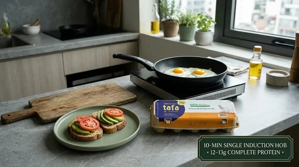 Two skillet eggs cooking on a single induction burner beside Tafa eggs and whole-wheat toast topped with avocado and tomato.&nbsp;