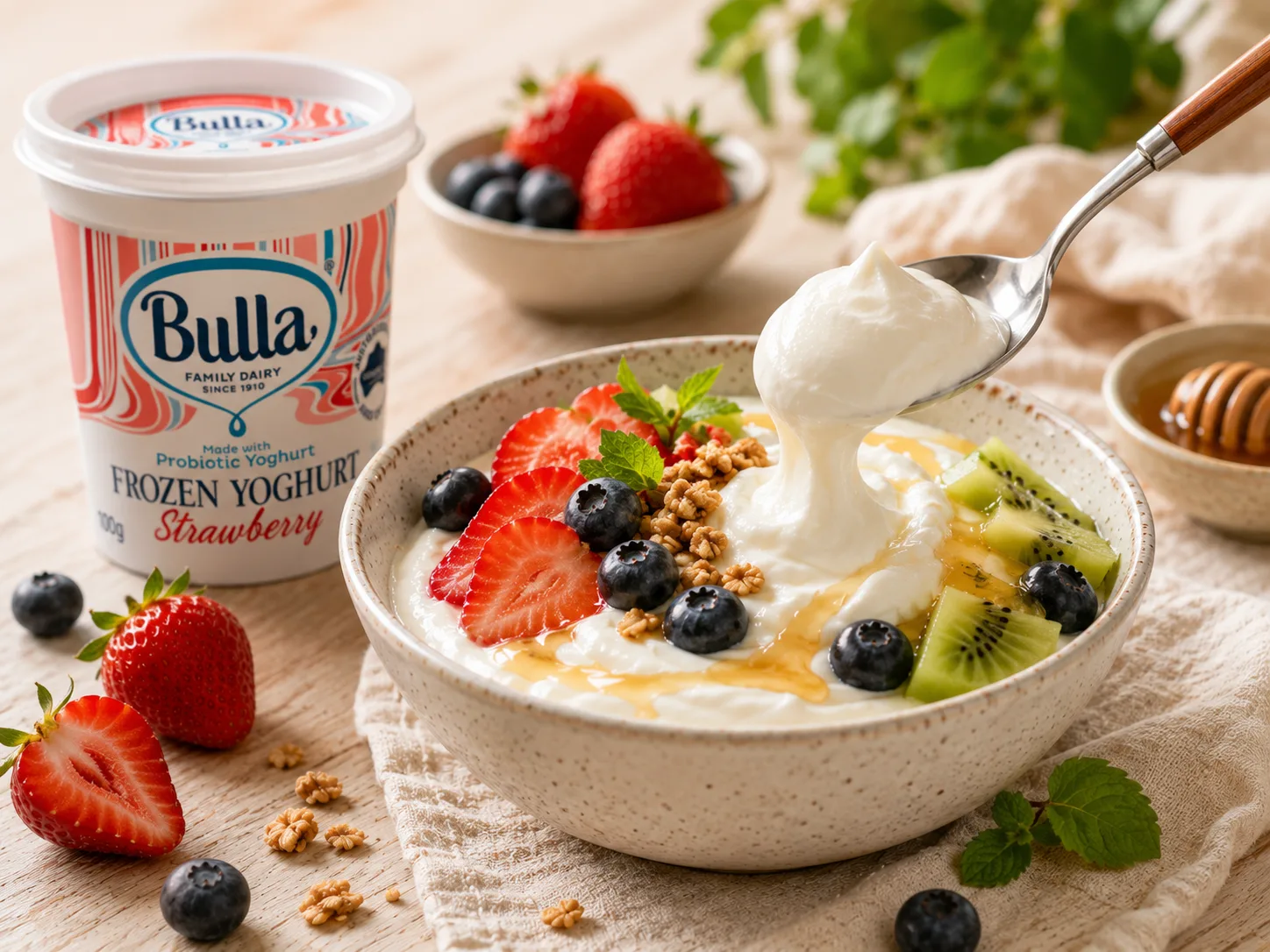 Sữa chua Hy Lạp Bulla ăn cùng trái cây healthy.