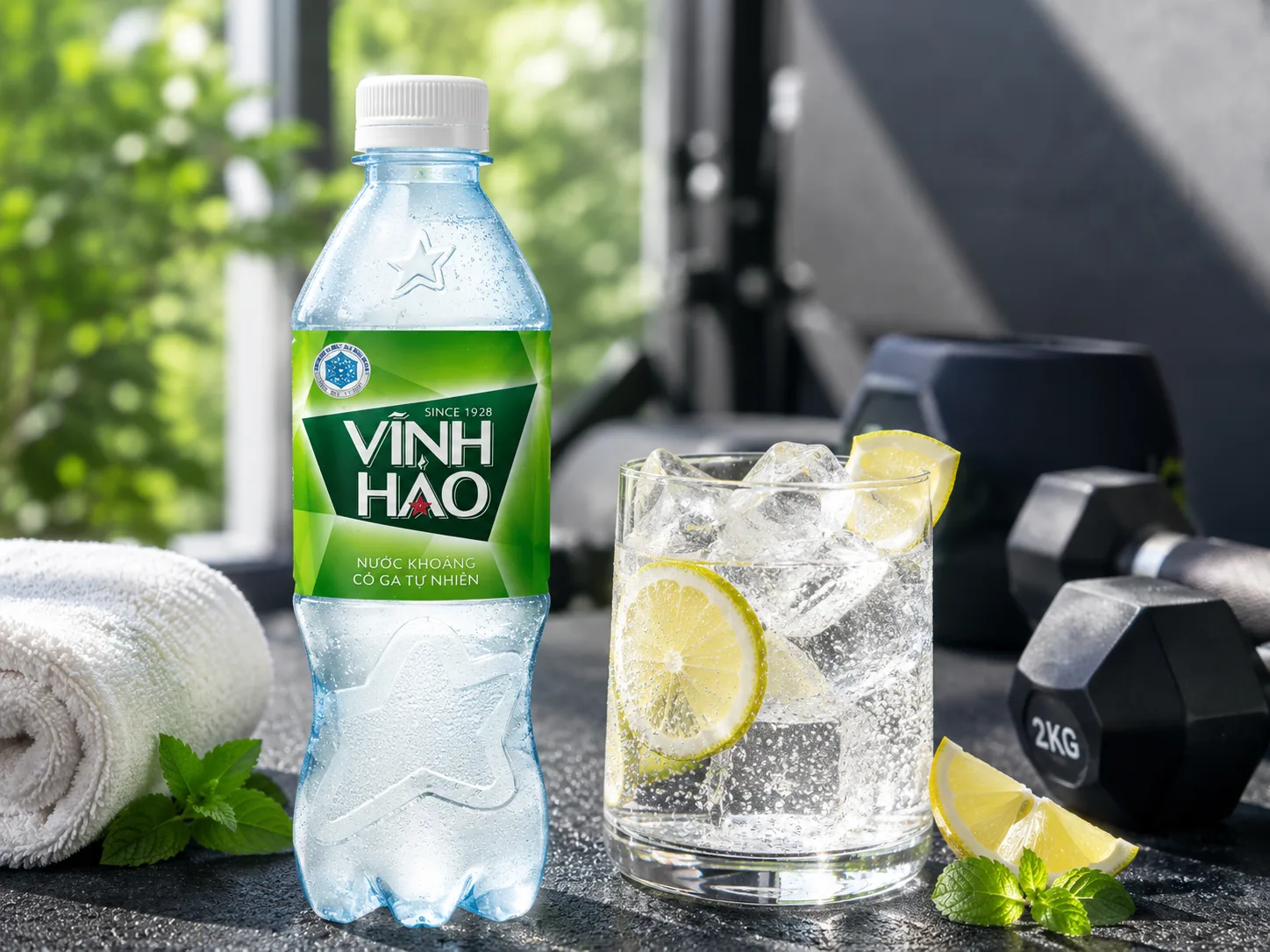 Nước khoáng Vĩnh Hảo có ga tự nhiên giúp bù khoáng nhanh chóng sau khi vận động.
