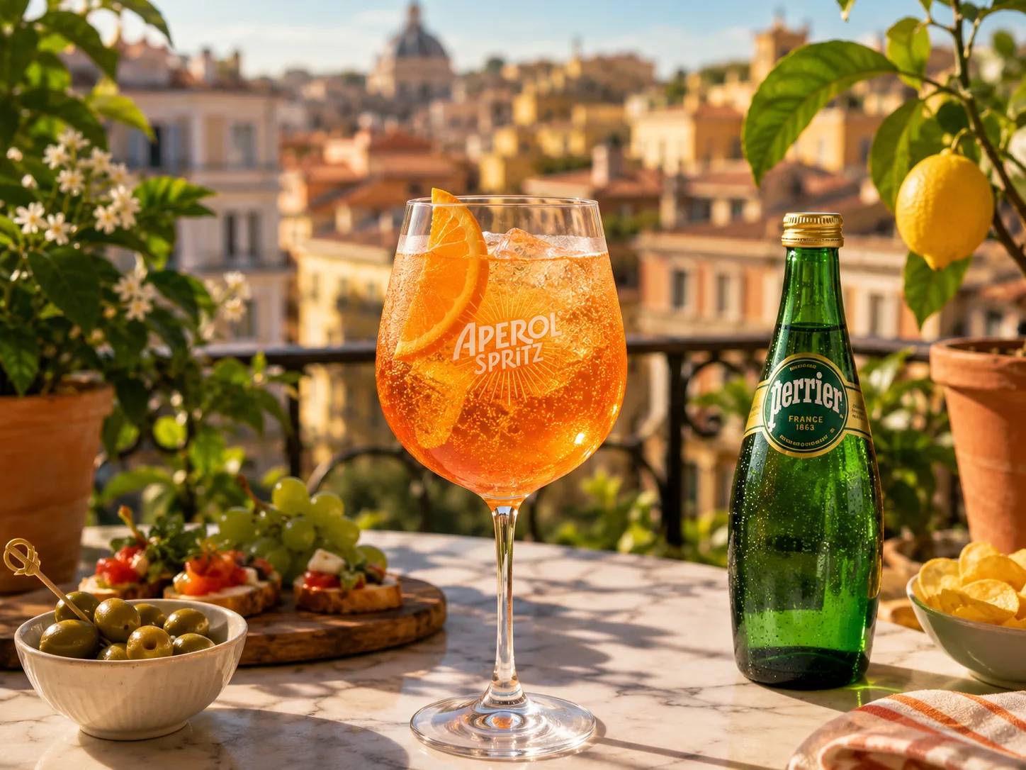 Công thức pha chế Aperol Spritz bọt ga với nước khoáng Perrier.