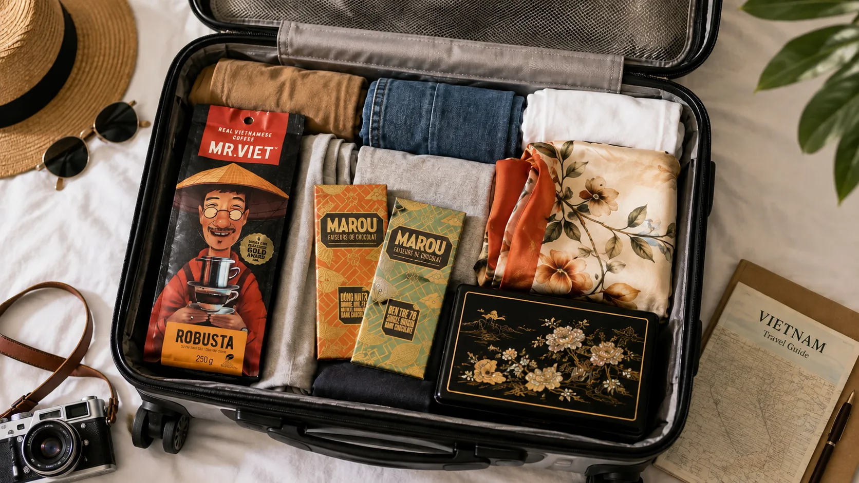 An open suitcase neatly packed with safe and easy-to-carry Vietnamese souvenirs like coffee and chocolate