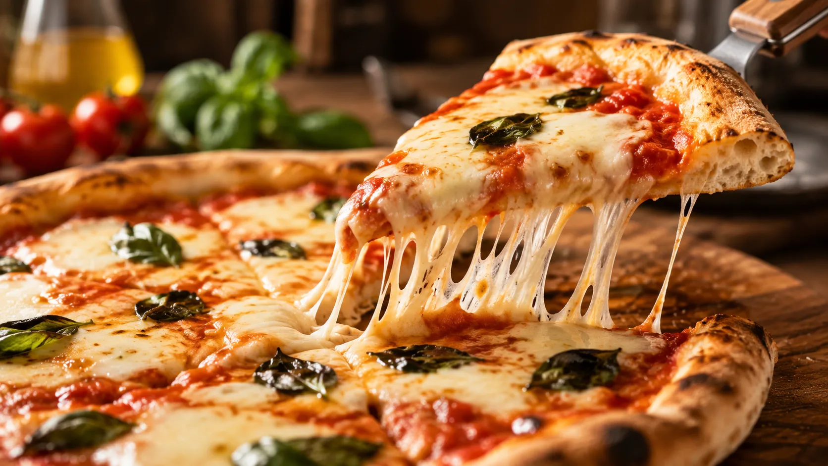 Phô mai Mozzarella kéo sợi béo ngậy trên bánh pizza nướng tại nhà