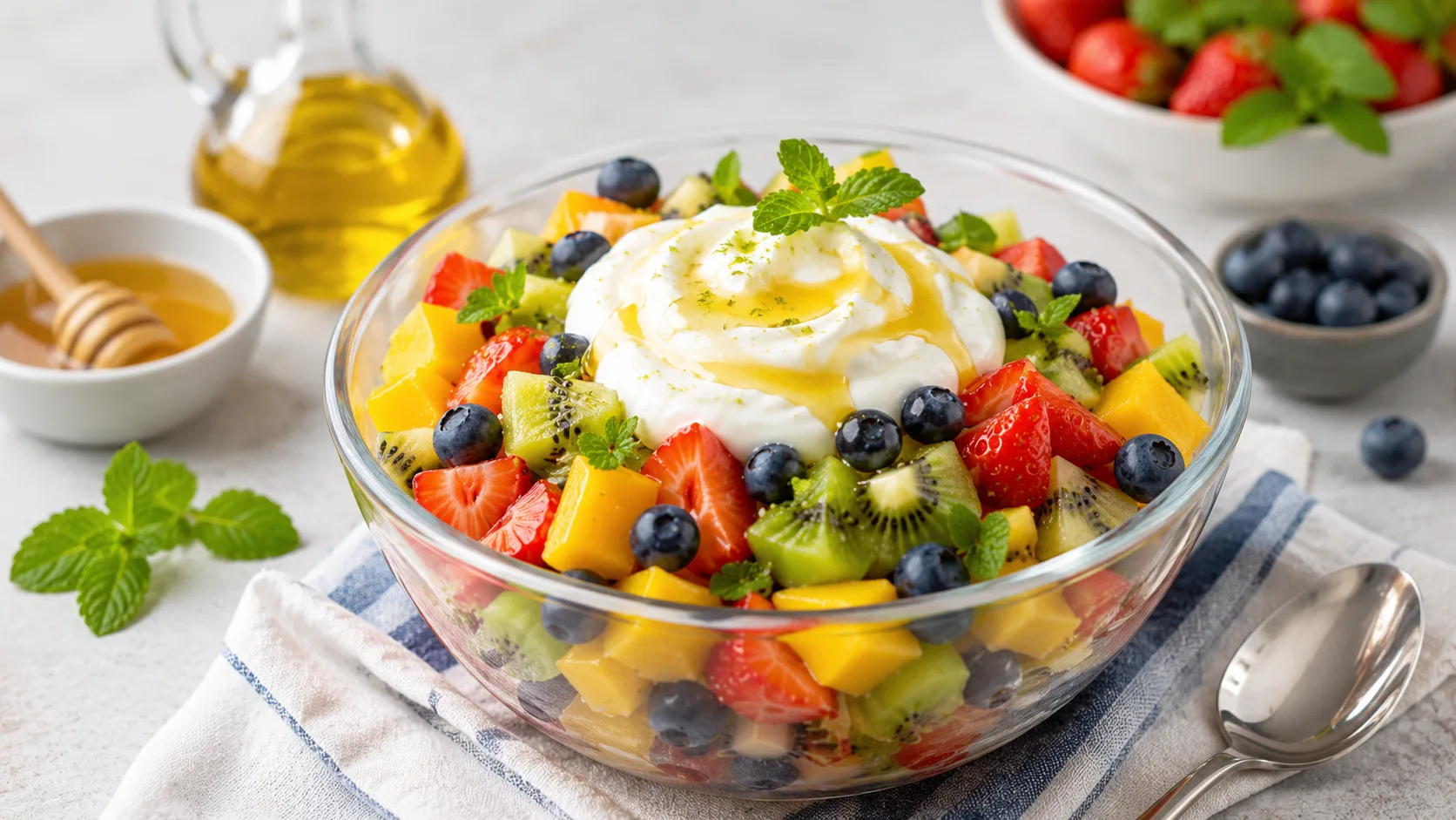Salad tr&aacute;i c&acirc;y nhiệt đới thanh m&aacute;t rưới sốt sữa chua Hy Lạp trộn dầu oliu