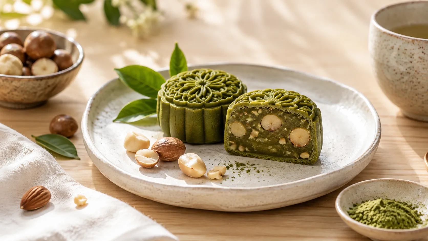 Modern healthy matcha and nut mooncake for health-conscious Vietnamese colleagues