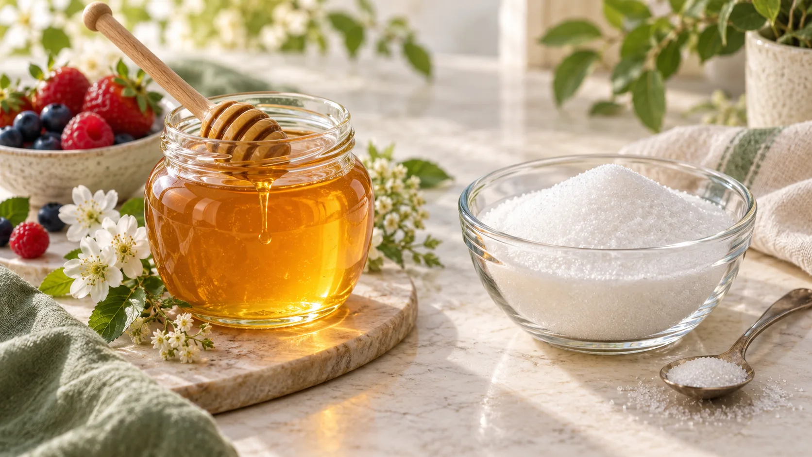 So sánh mật ong và đường trắng về thành phần và cách sử dụng