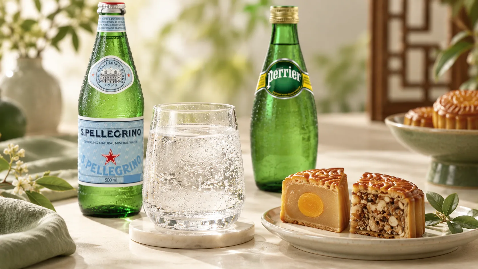 Sparkling mineral water served with rich mooncakes as a caffeine-free pairing