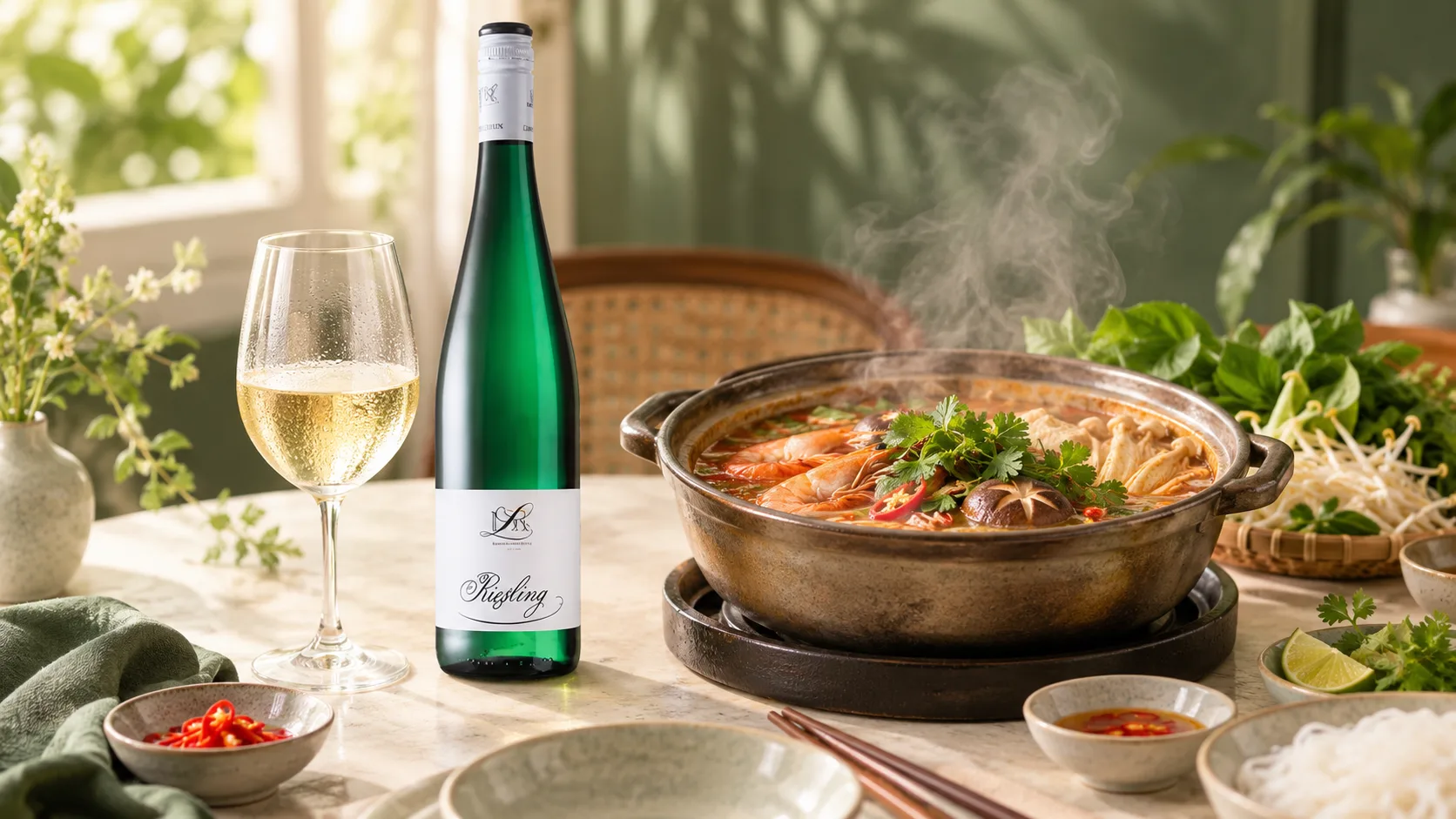 Rượu Riesling kết hợp với m&oacute;n cay v&agrave; lẩu nhiều gia vị