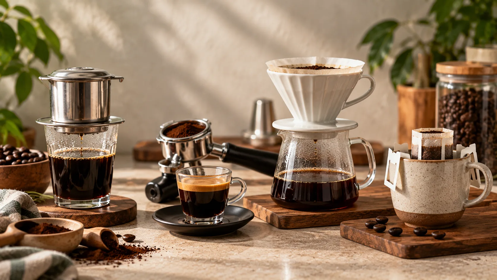 So sánh pha cà phê bằng phin espresso pour over và drip bag