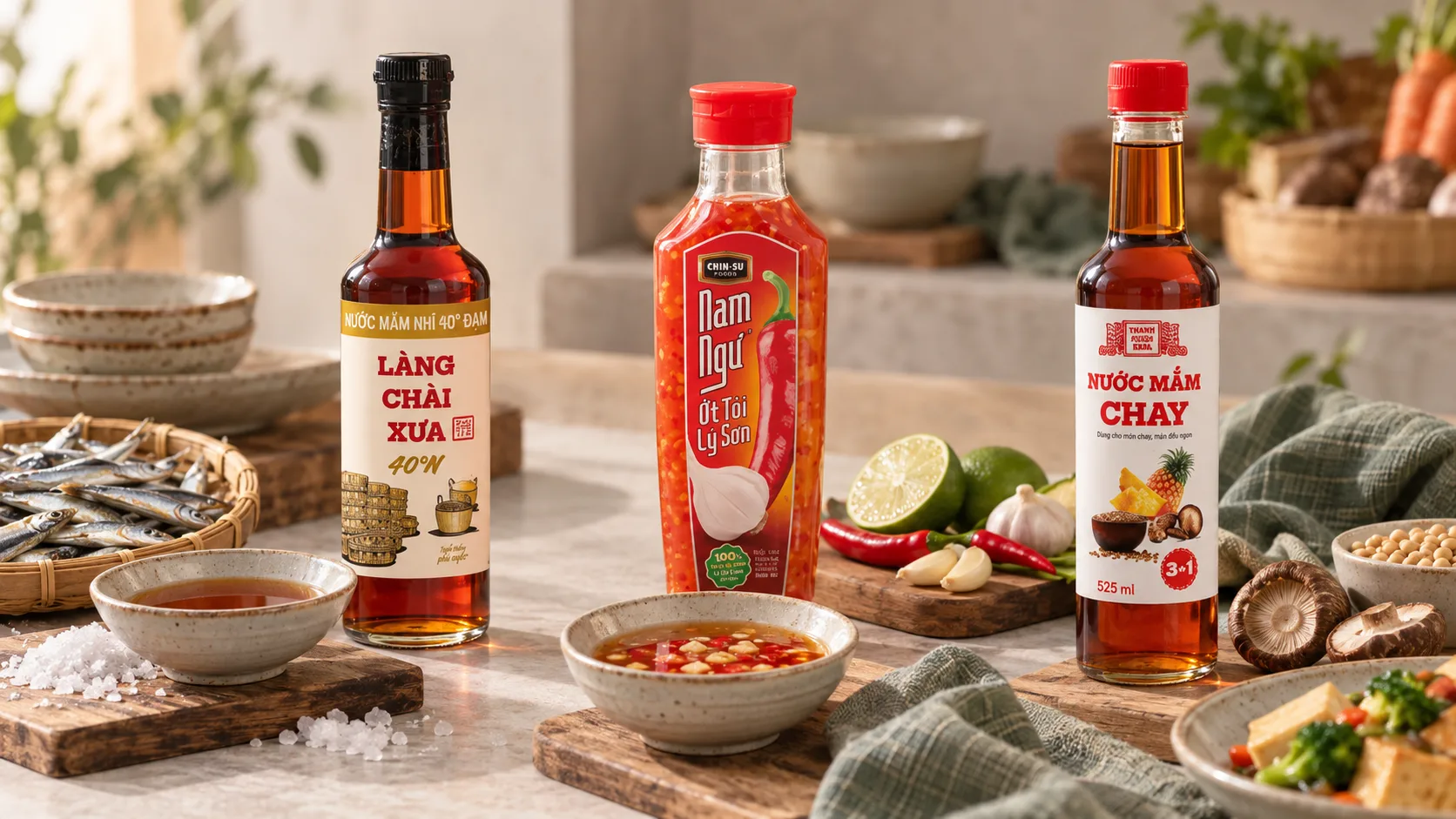 Traditional Vietnamese fish sauce, prepared dipping sauce and vegan fish sauce alternative