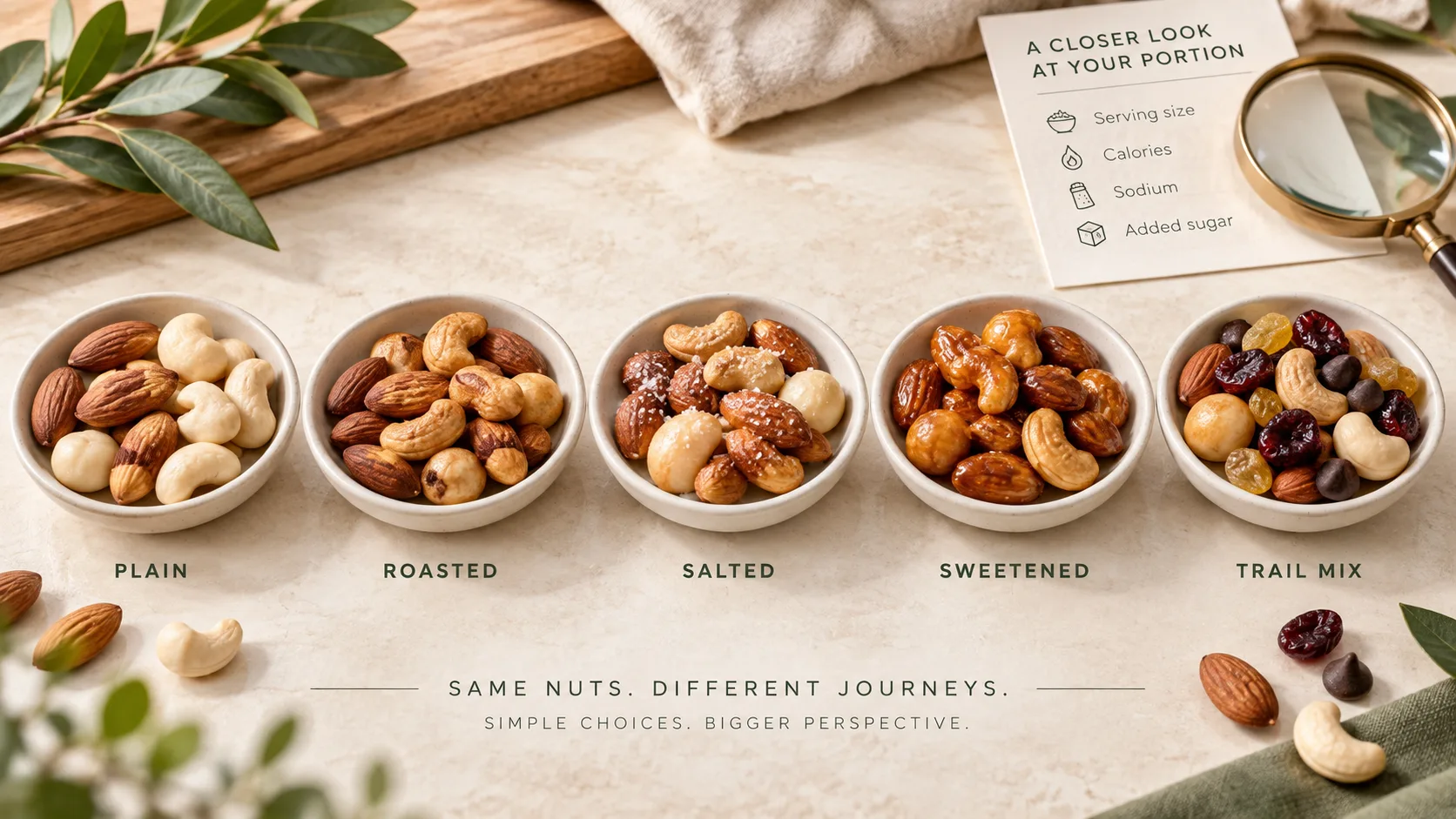 So sánh hạt nguyên vị, rang, rang muối, phủ ngọt và trail mix