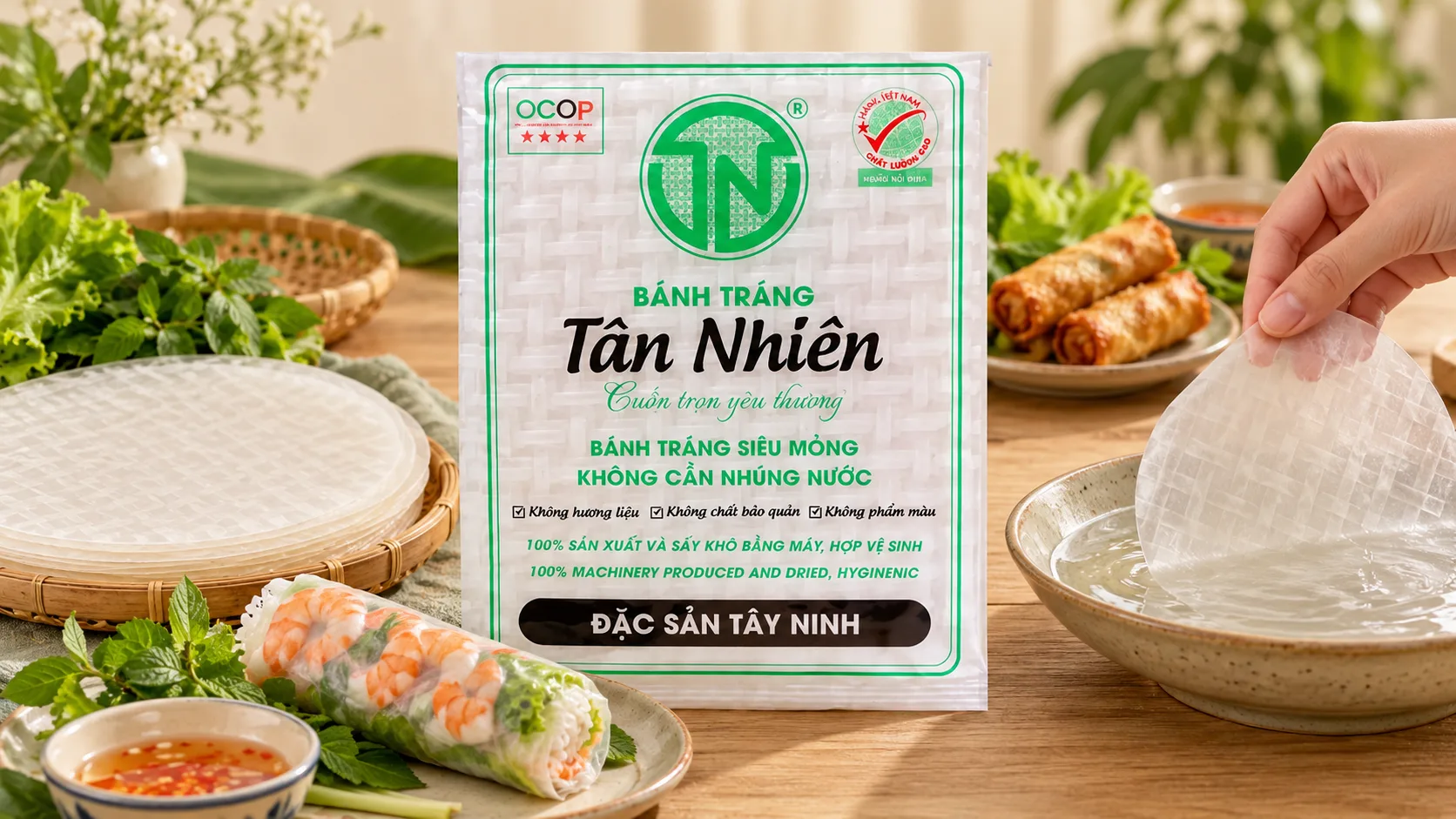 Real rice paper product shown with dry sheets and examples of fresh and fried rolls.