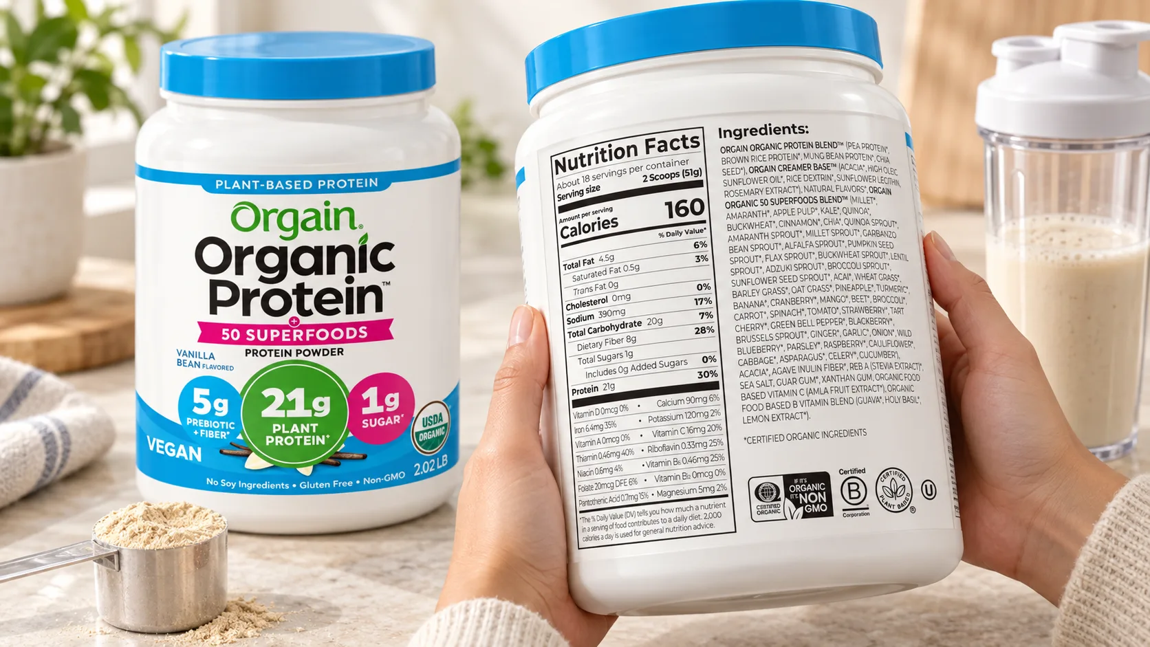 Kiểm tra Nutrition Facts, khẩu phần v&agrave; th&agrave;nh phần tr&ecirc;n bao b&igrave; protein thực vật Orgain Natural Unsweetened
