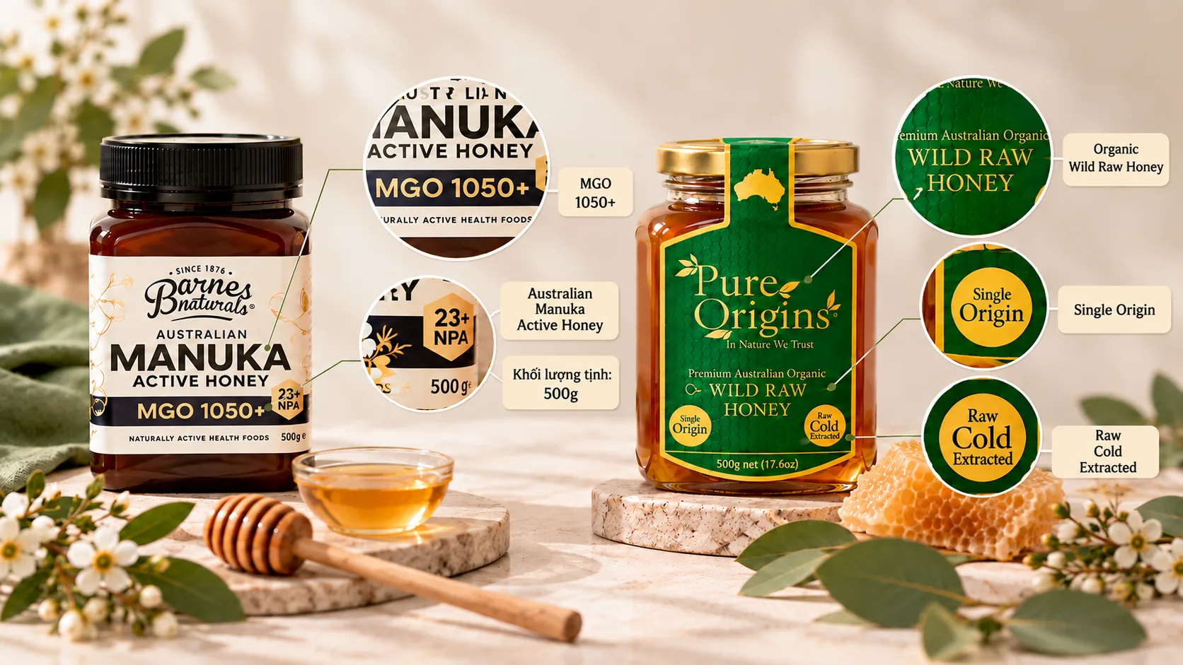 Nhãn trước của Barnes và Pure Origins Macadamia được đặt trong bố cục hướng dẫn đọc nhãn