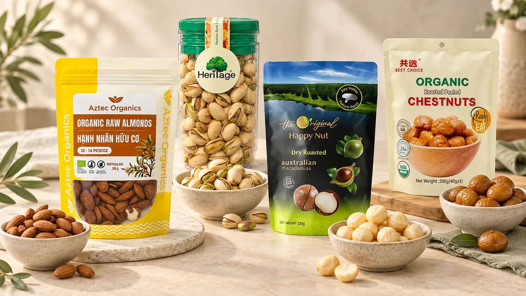 Bốn sản phẩm hạnh nh&acirc;n, pistachio, mắc ca v&agrave; hạt dẻ được bố tr&iacute; trong khung cảnh editorial s&aacute;ng