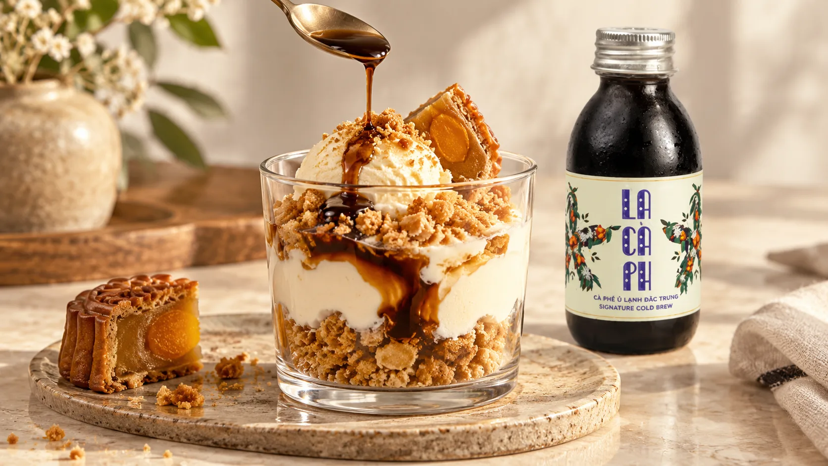 Dessert cup từ b&aacute;nh Trung Thu vụn, phần kem v&agrave; một lượng nhỏ cold brew