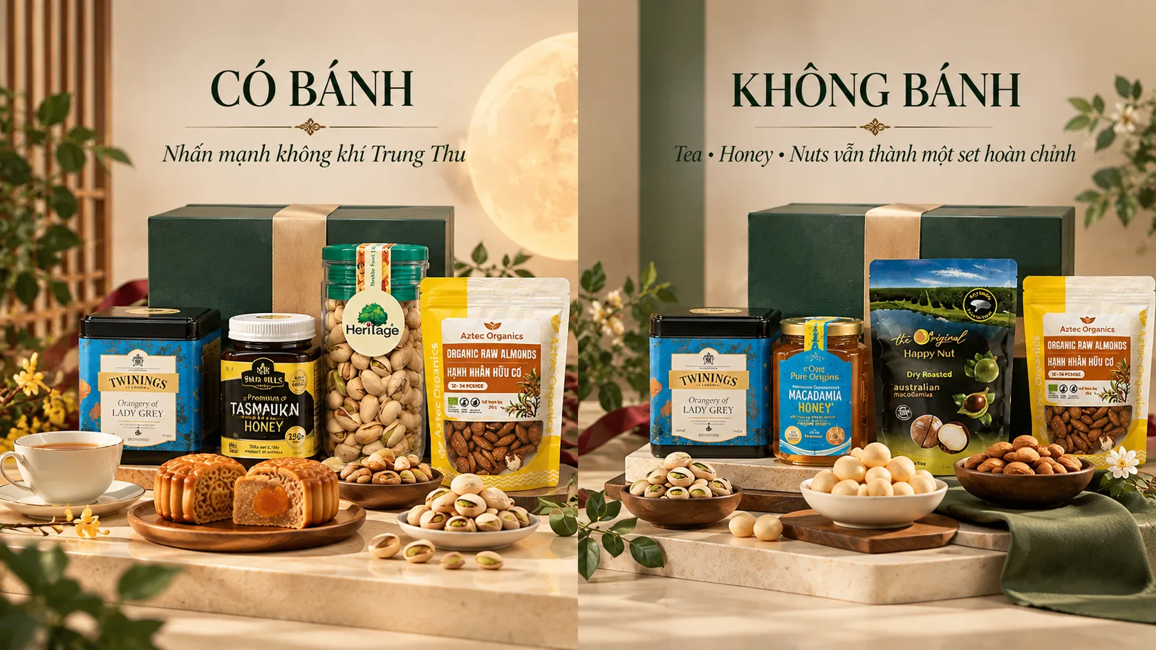 So s&aacute;nh set qu&agrave; Trung Thu c&oacute; b&aacute;nh với set tr&agrave;, mật ong v&agrave; hạt kh&ocirc;ng c&oacute; b&aacute;nh