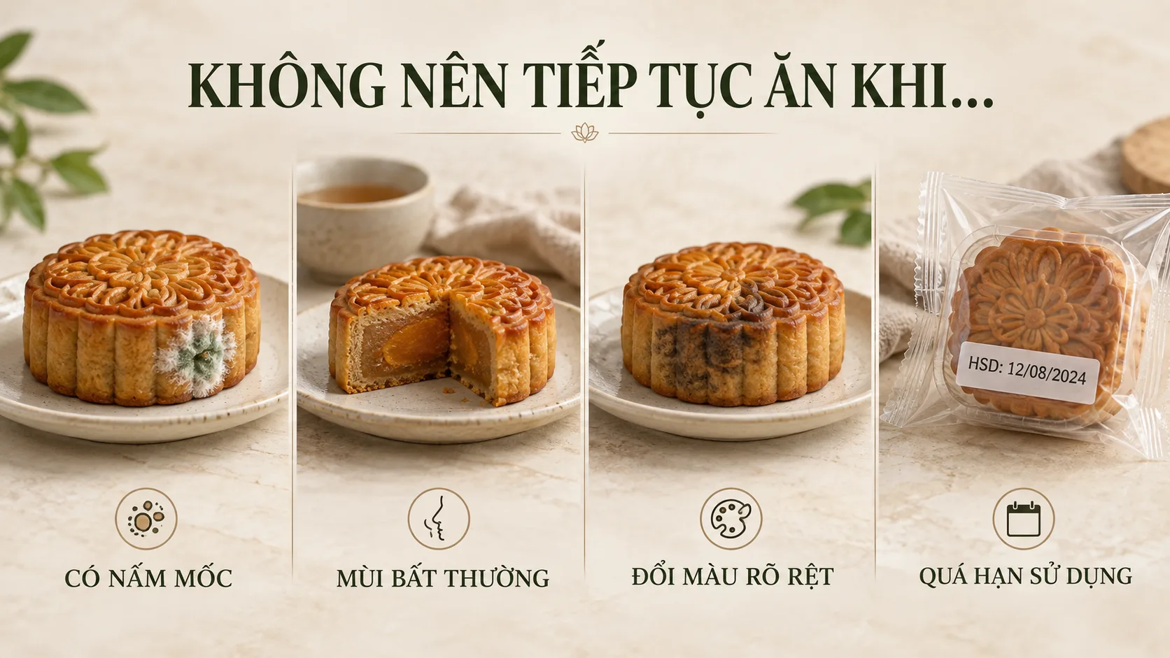 Dấu hiệu kh&ocirc;ng n&ecirc;n tiếp tục ăn b&aacute;nh Trung Thu gồm nấm mốc, m&ugrave;i bất thường, đổi m&agrave;u v&agrave; qu&aacute; hạn sử dụng