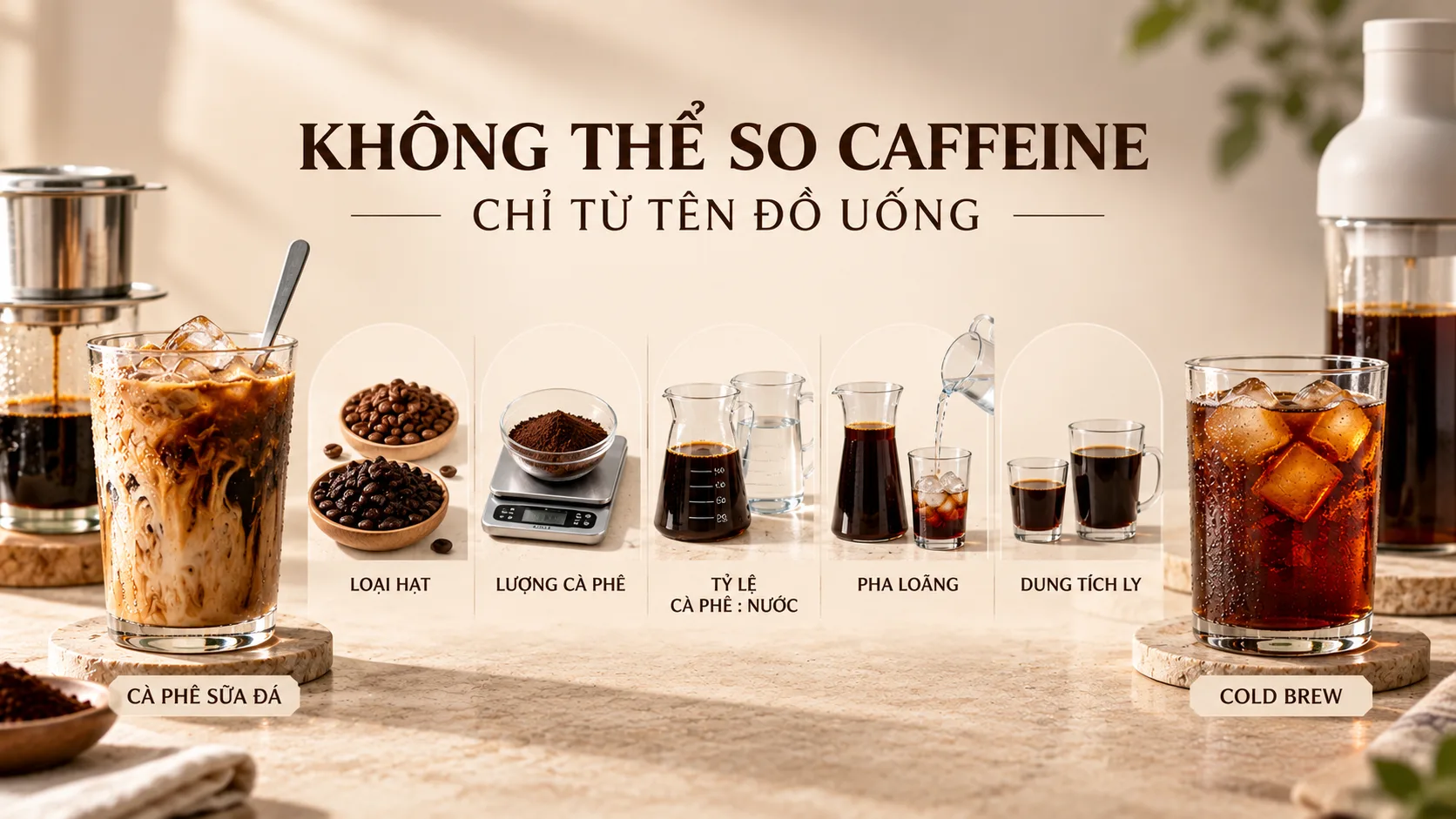 C&aacute;c yếu tố ảnh hưởng đến caffeine trong c&agrave; ph&ecirc; gồm loại hạt, lượng c&agrave; ph&ecirc;, tỷ lệ nước, độ pha lo&atilde;ng v&agrave; dung t&iacute;ch ly