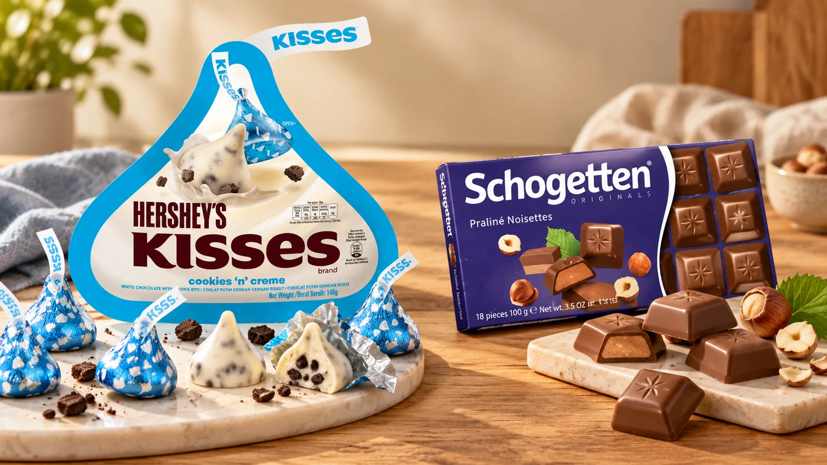 Hershey’s Kisses dạng viên và Schogetten chocolate chia miếng tiện dùng