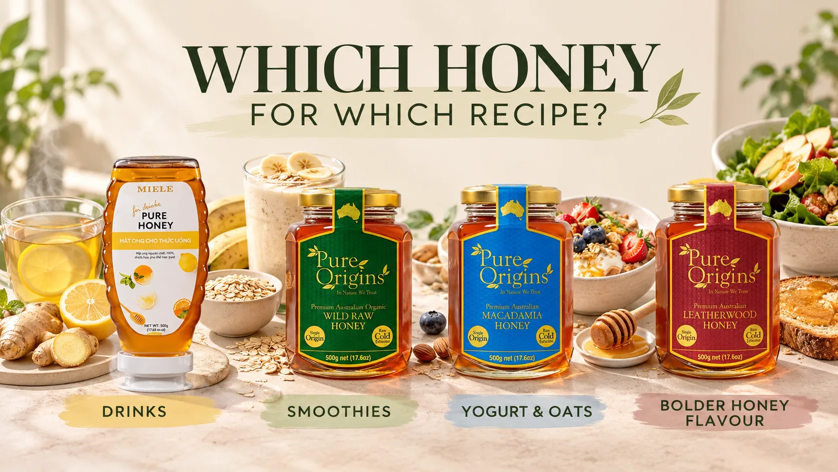 So s&aacute;nh MIELE Pure Honey for Drink v&agrave; c&aacute;c loại Pure Origins Wild Raw Macadamia Leatherwood theo c&aacute;ch sử dụng