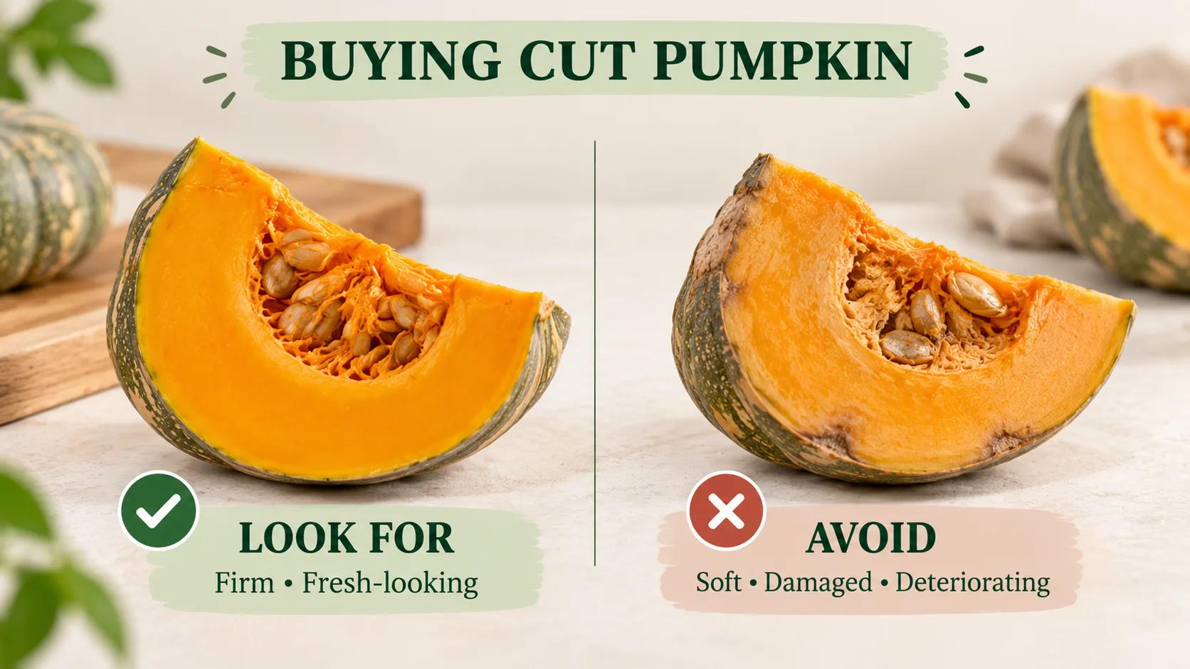 Fresh cut pumpkin compared with a visibly deteriorated piece to show what to look for and avoid