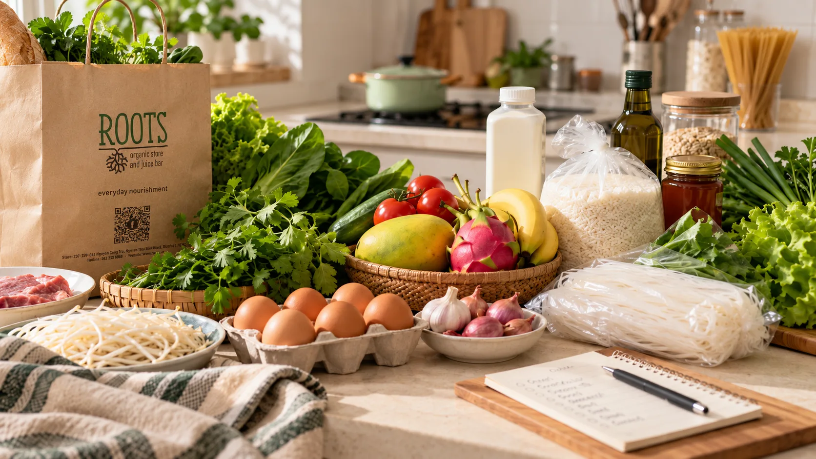 First grocery shop in Ho Chi Minh City with fresh food pantry staples and a handwritten shopping list