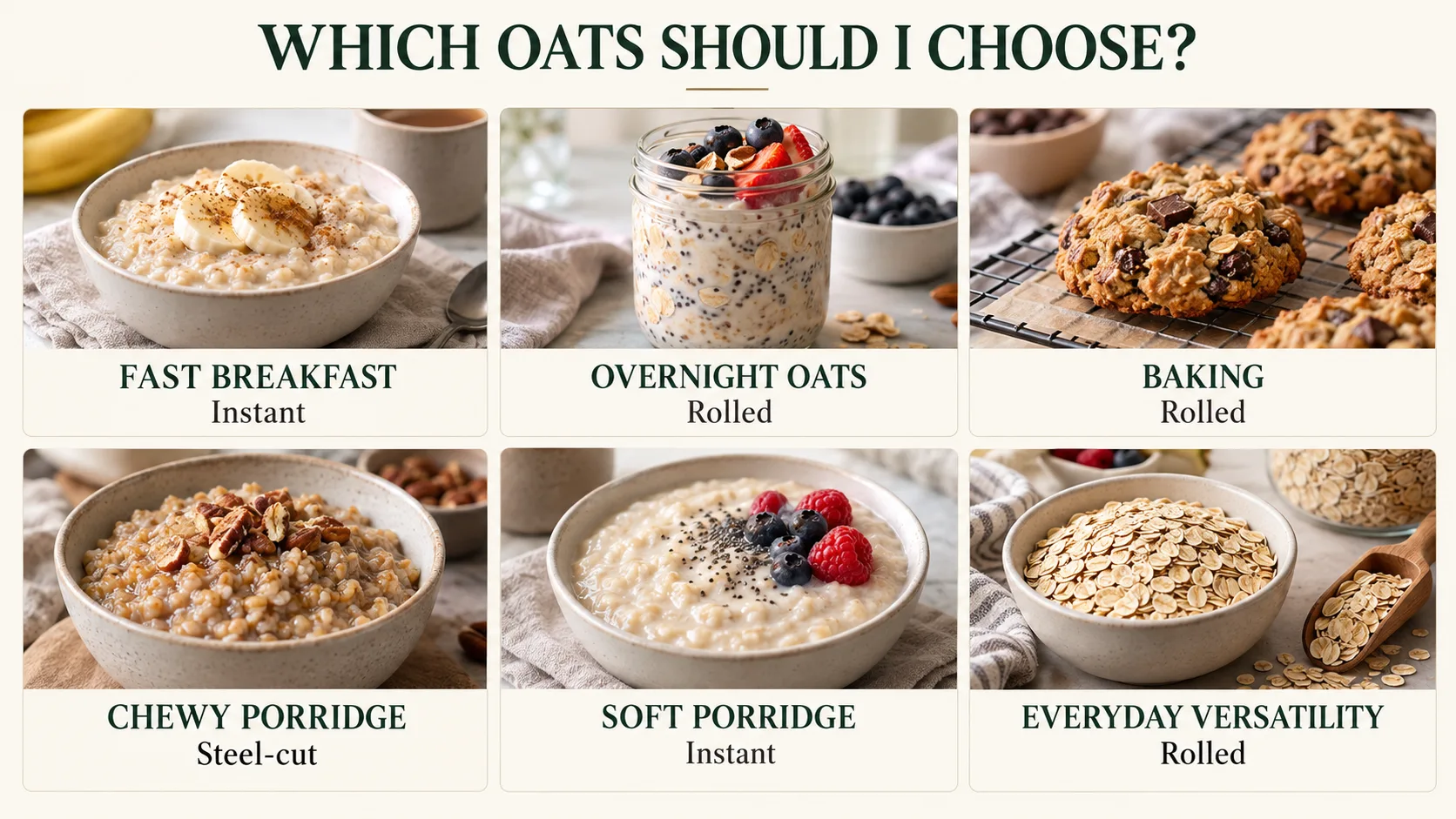 Hướng dẫn chọn instant oats rolled oats hoặc steel-cut oats theo món ăn và thời gian chuẩn bị