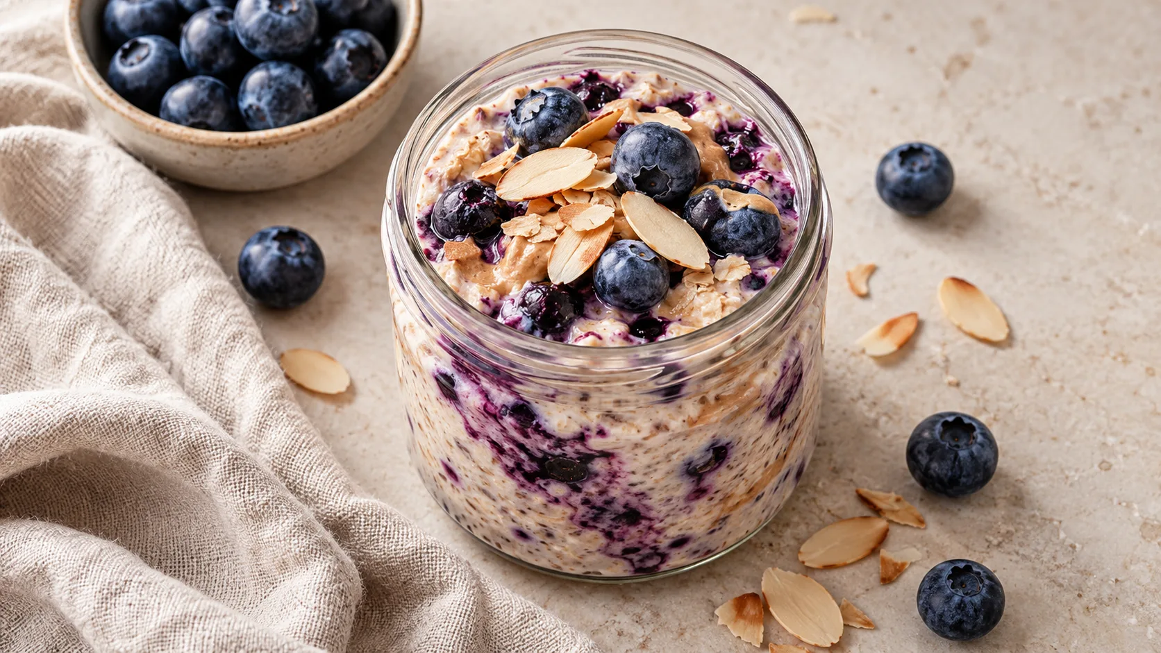 Overnight oats việt quất với quả việt quất tím xanh và những lát hạnh nhân rang trên bề mặt