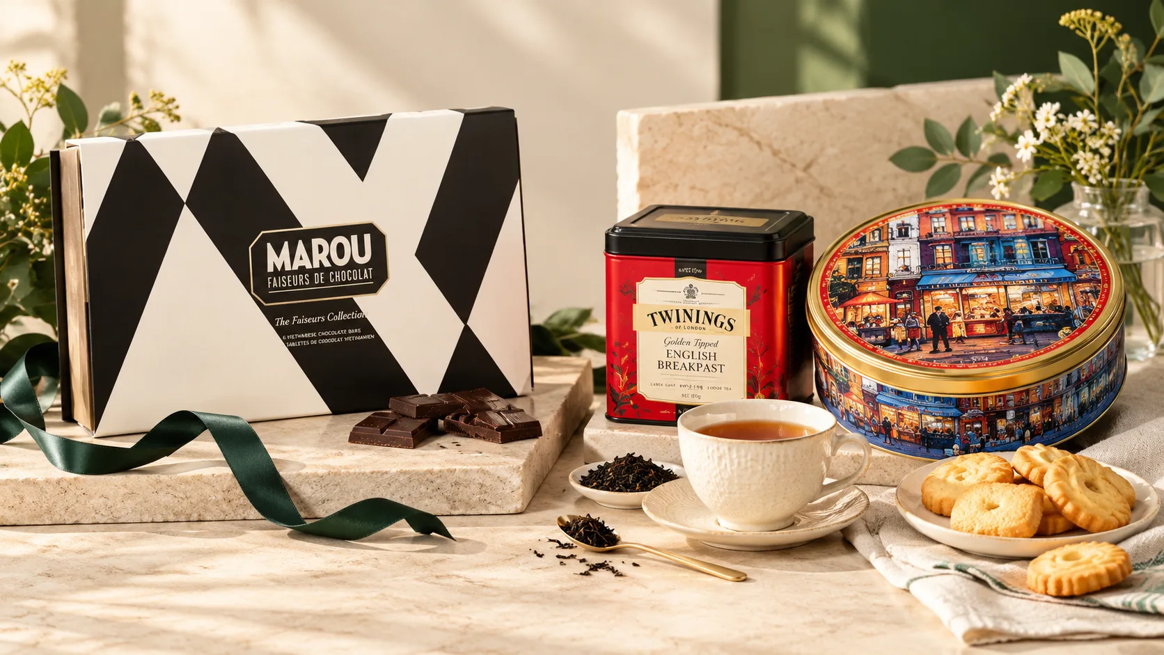So sánh hộp quà chocolate Marou với bộ quà kết hợp trà Twinings và bánh quy Jacobsens dành tặng doanh nhân